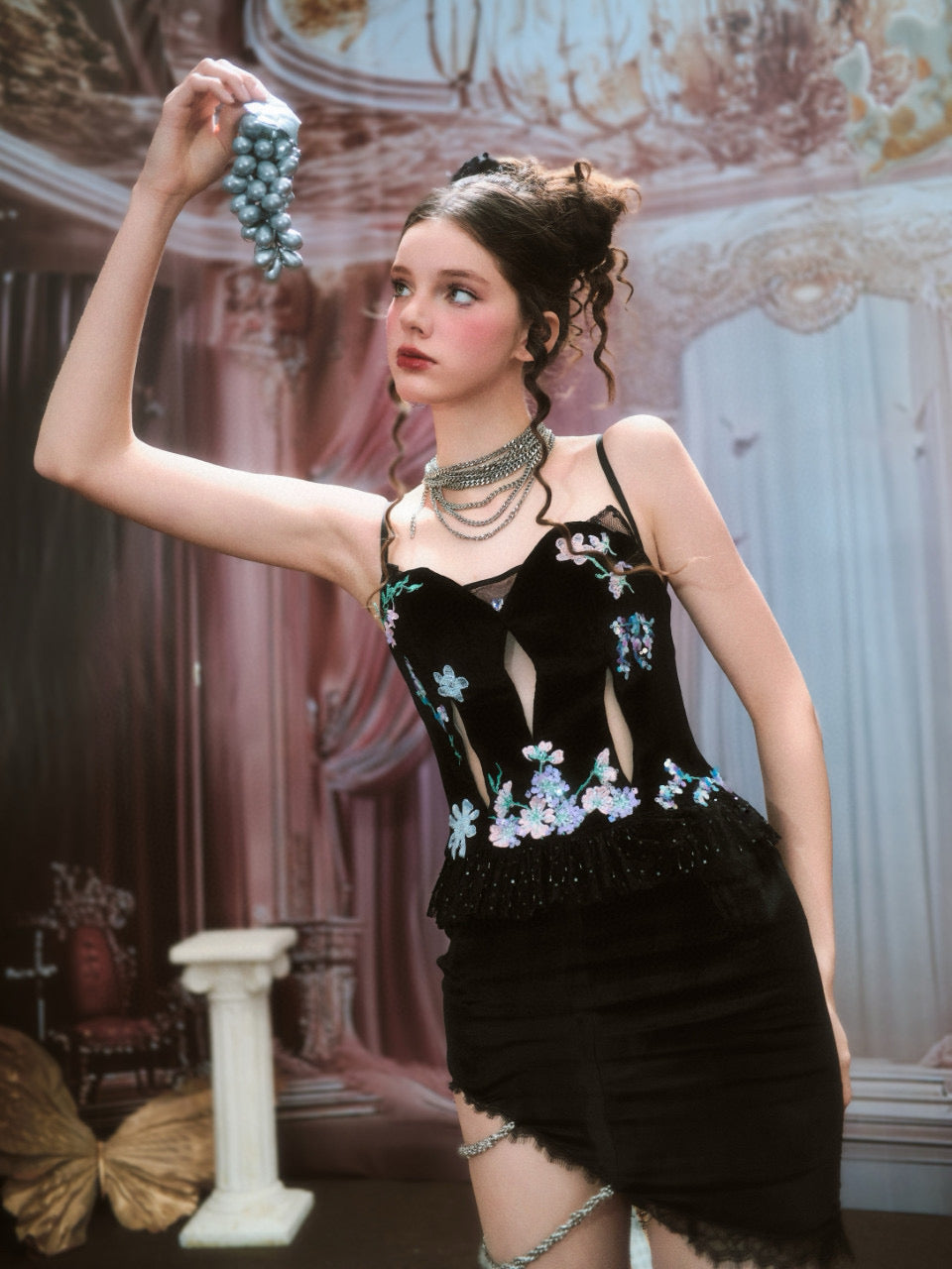 Chengchengling Black Lace Top and Mini skirt