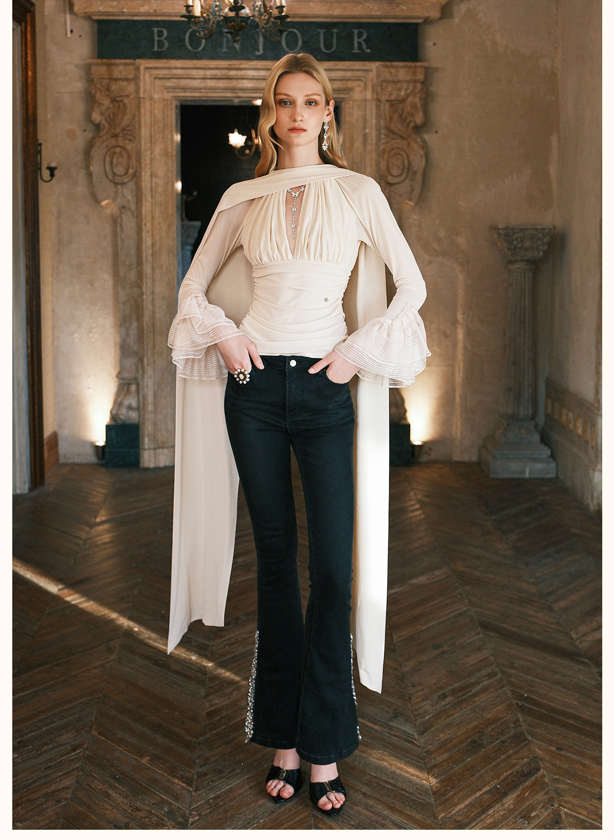 SHEERLUCK Black Nina Halterneck V-neck Ribbon Top