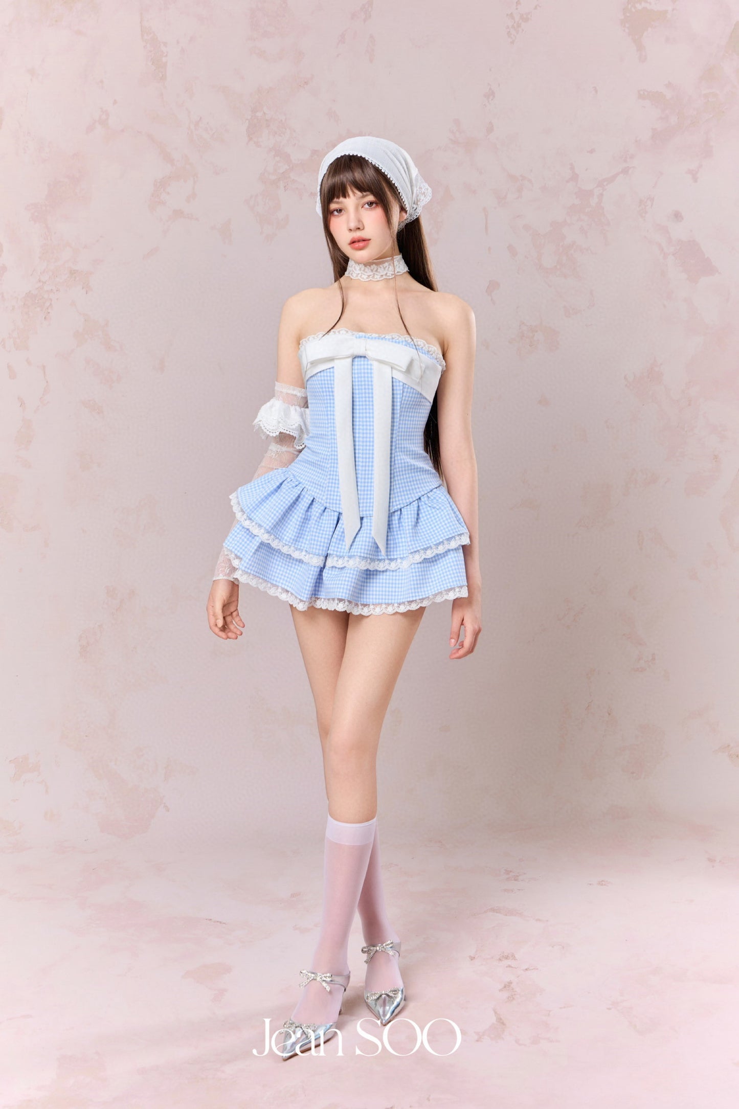 JEAN SOO Blue Plaid Fishbone Top & Lace Cake Mini Skirt