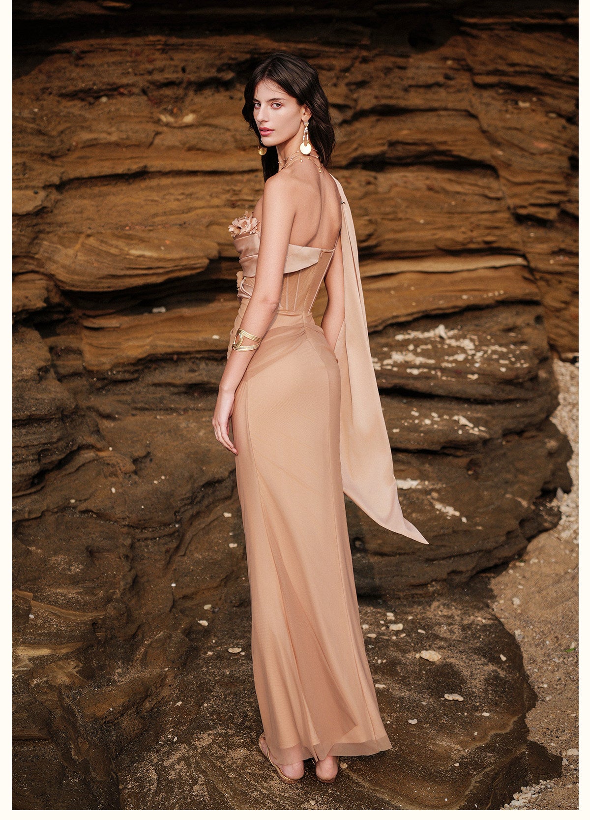 SHEERLUCK Sexy Vacation Cream Sculpt Flower Fish-tail Maxi Dress