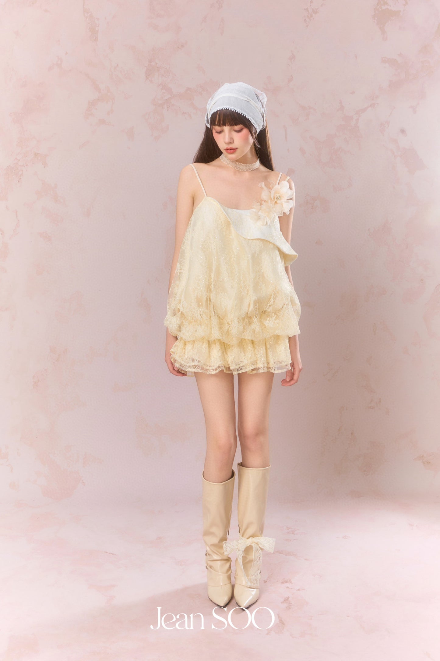 JEAN SOO Yellow Lace Flower Mini Dress