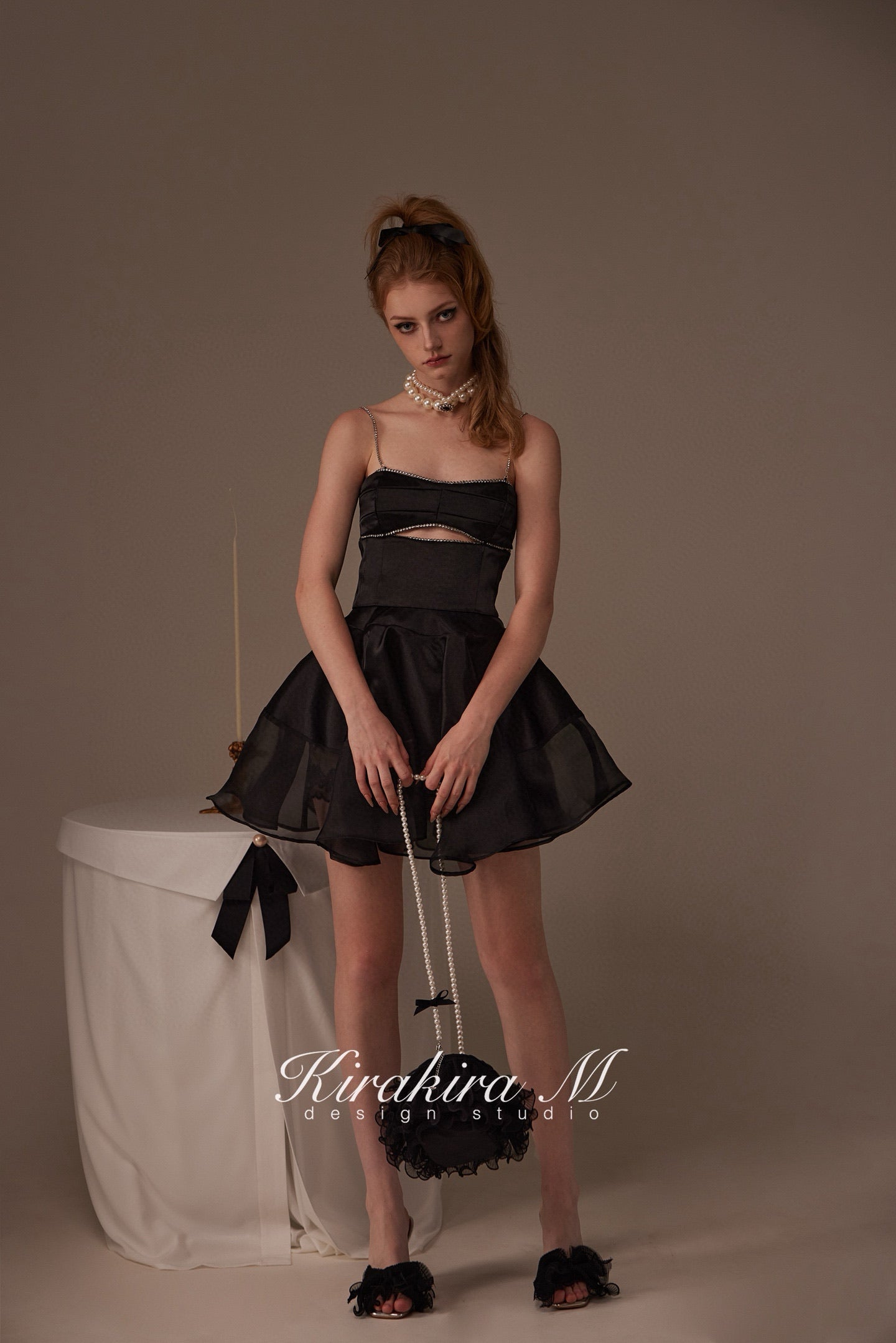 Kirakira M Black Rhinestone Hollow Out Top &Tulle Skirt