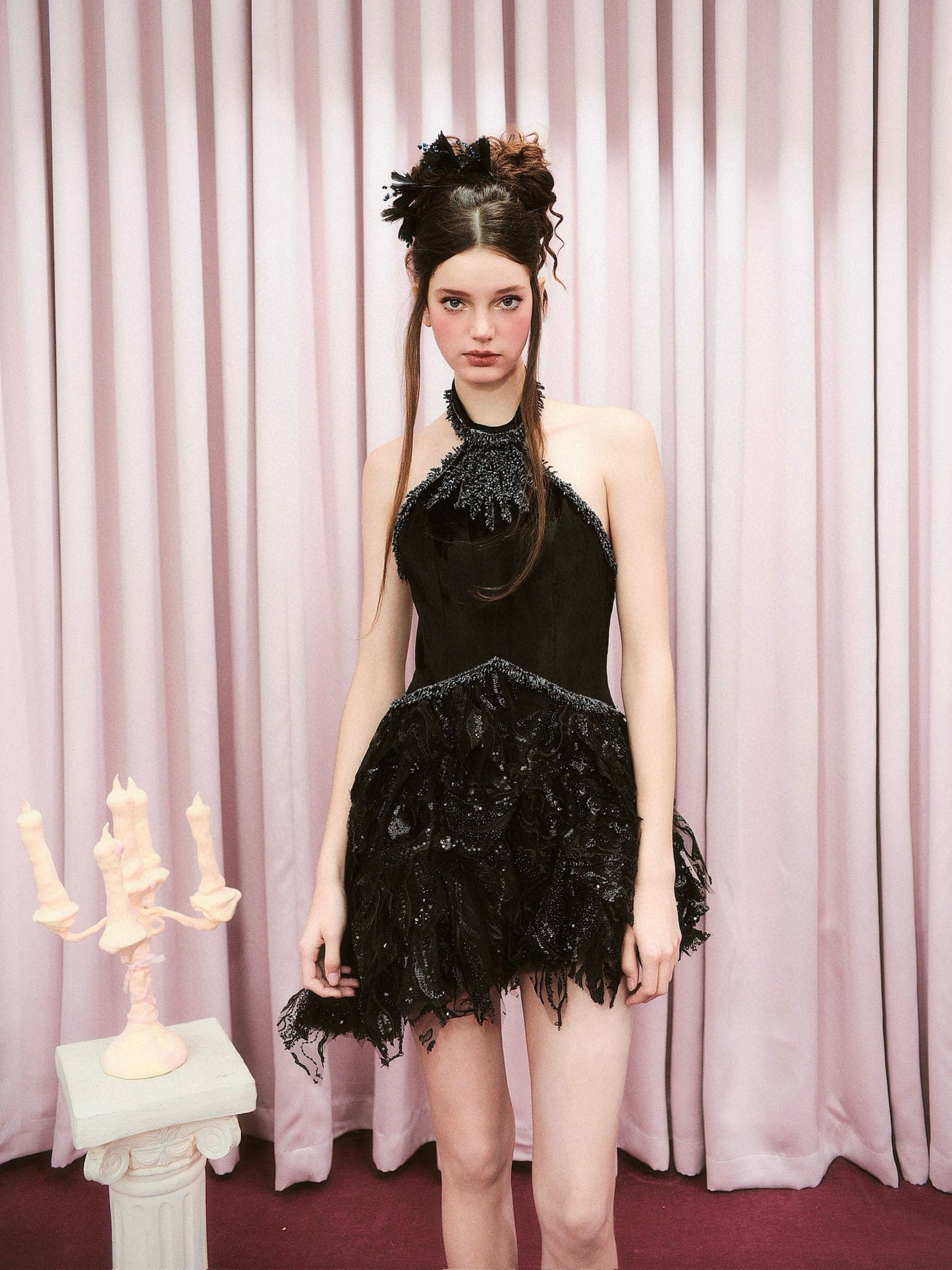 Chengchengling Black Lace Mini Dress