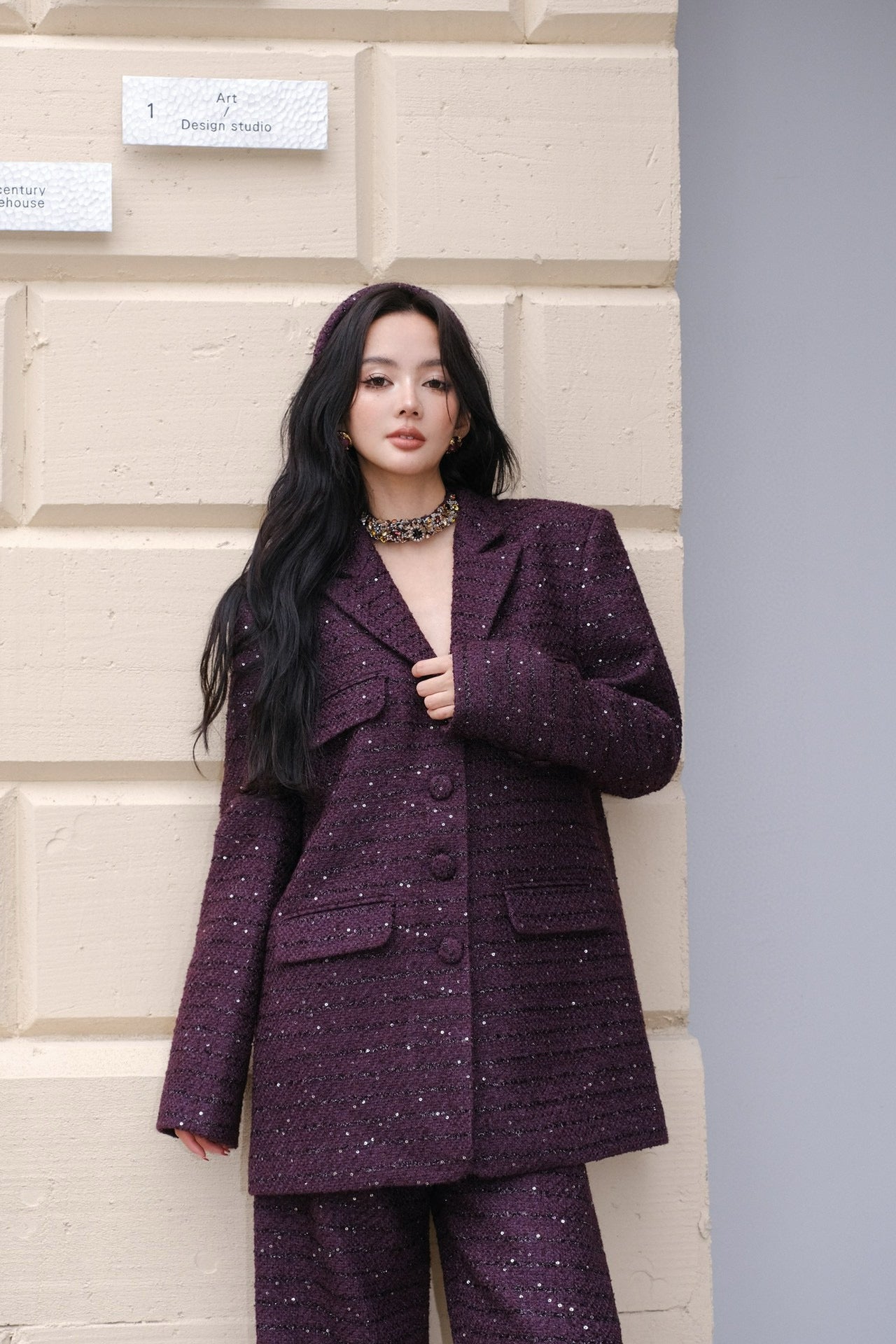 Maison Wester Purple Brown Sequined Chambray Jacket Pants