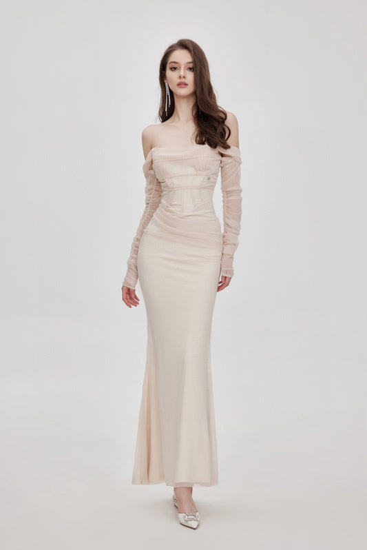 SHEERLUCK Nude & Black Fishtail maxi dress