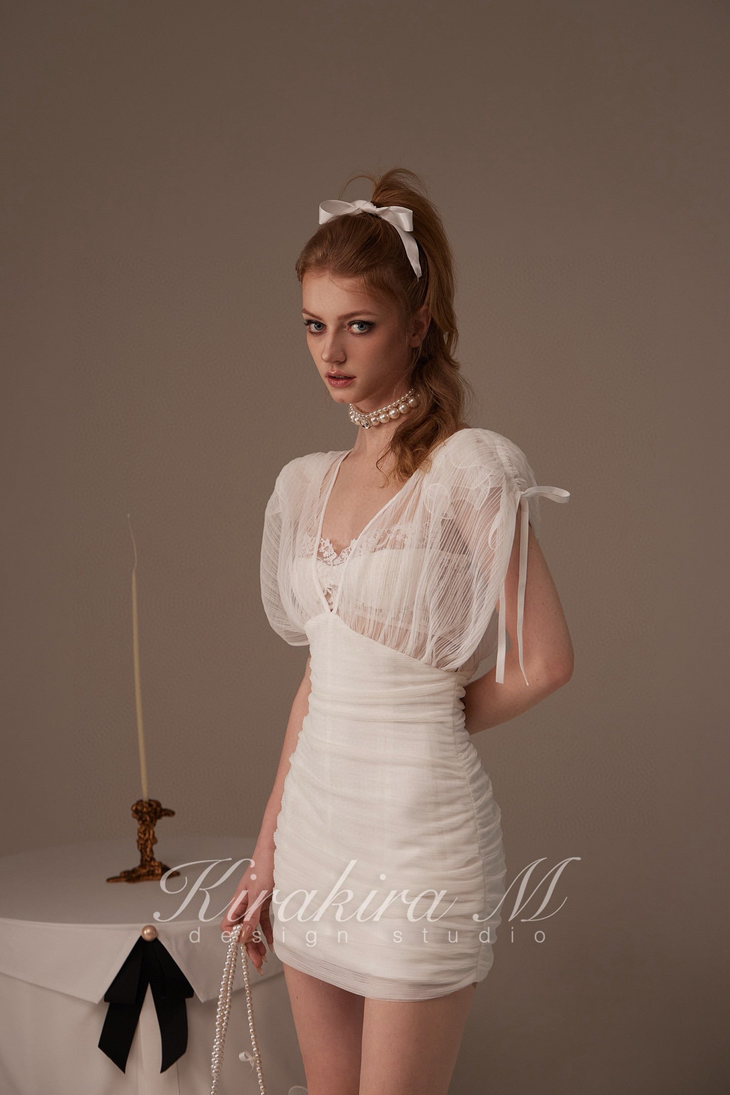 Kirakira M White Deep V Drawstring Slim Fit Dress (2 Wearable)