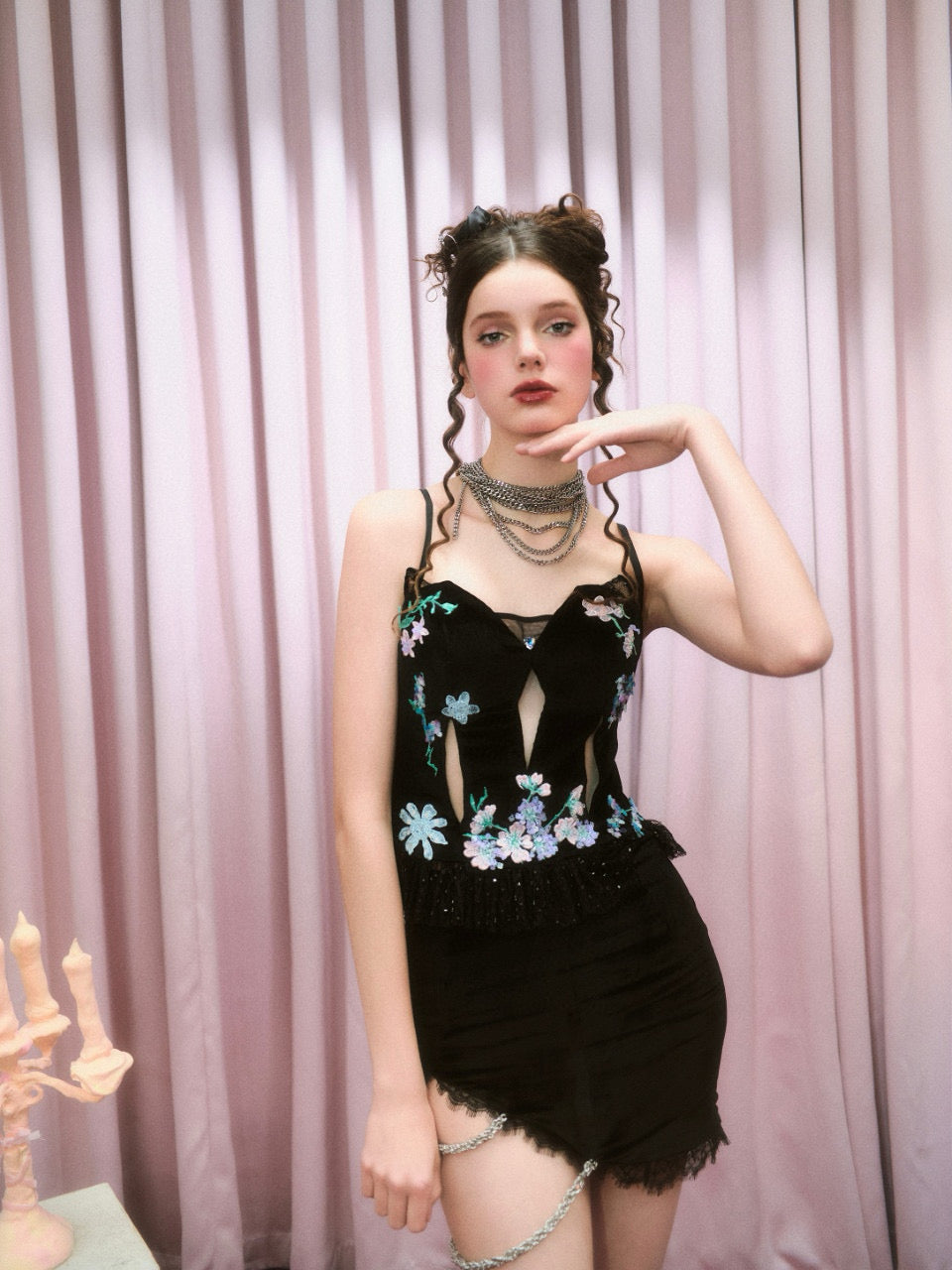Chengchengling Black Lace Top and Mini skirt