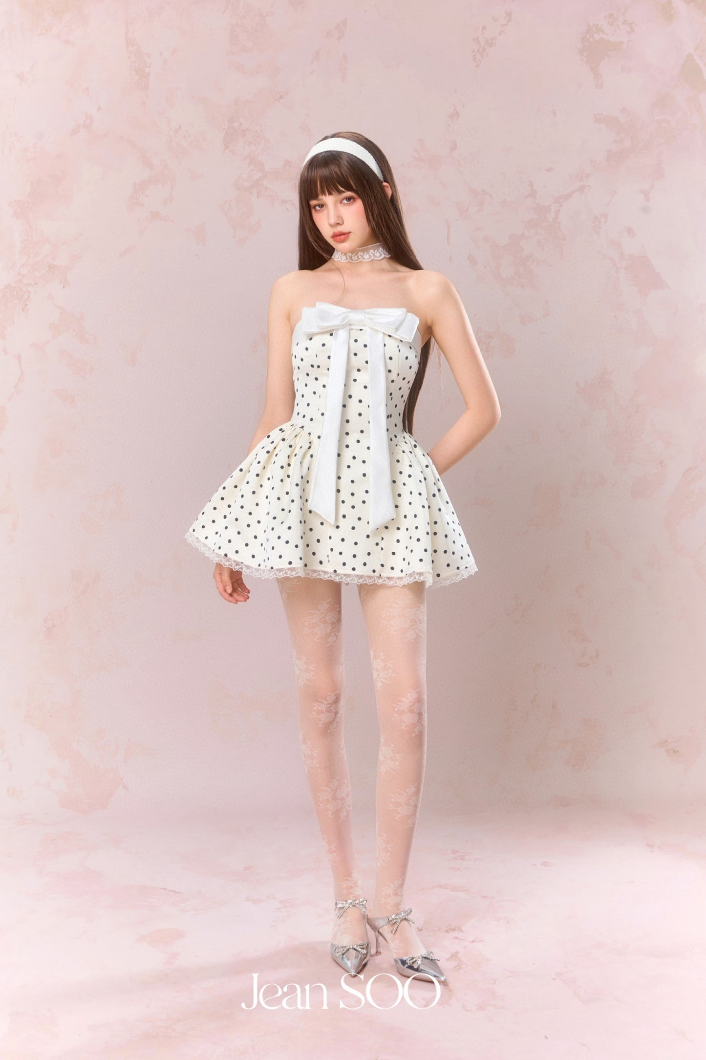 JEAN SOO White Polka Dot Puff Mini Dress