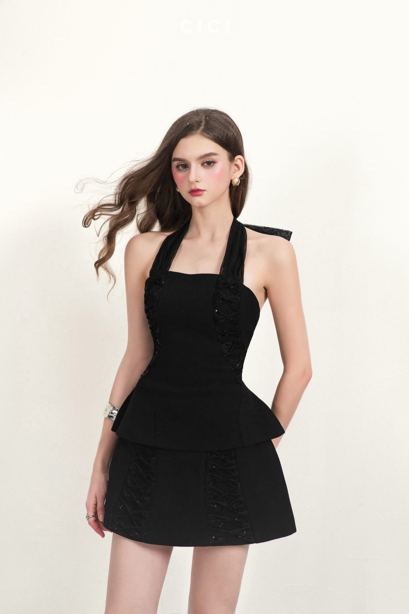 CICI Black ARIN Bowtie Open Back Set Top& Skirt