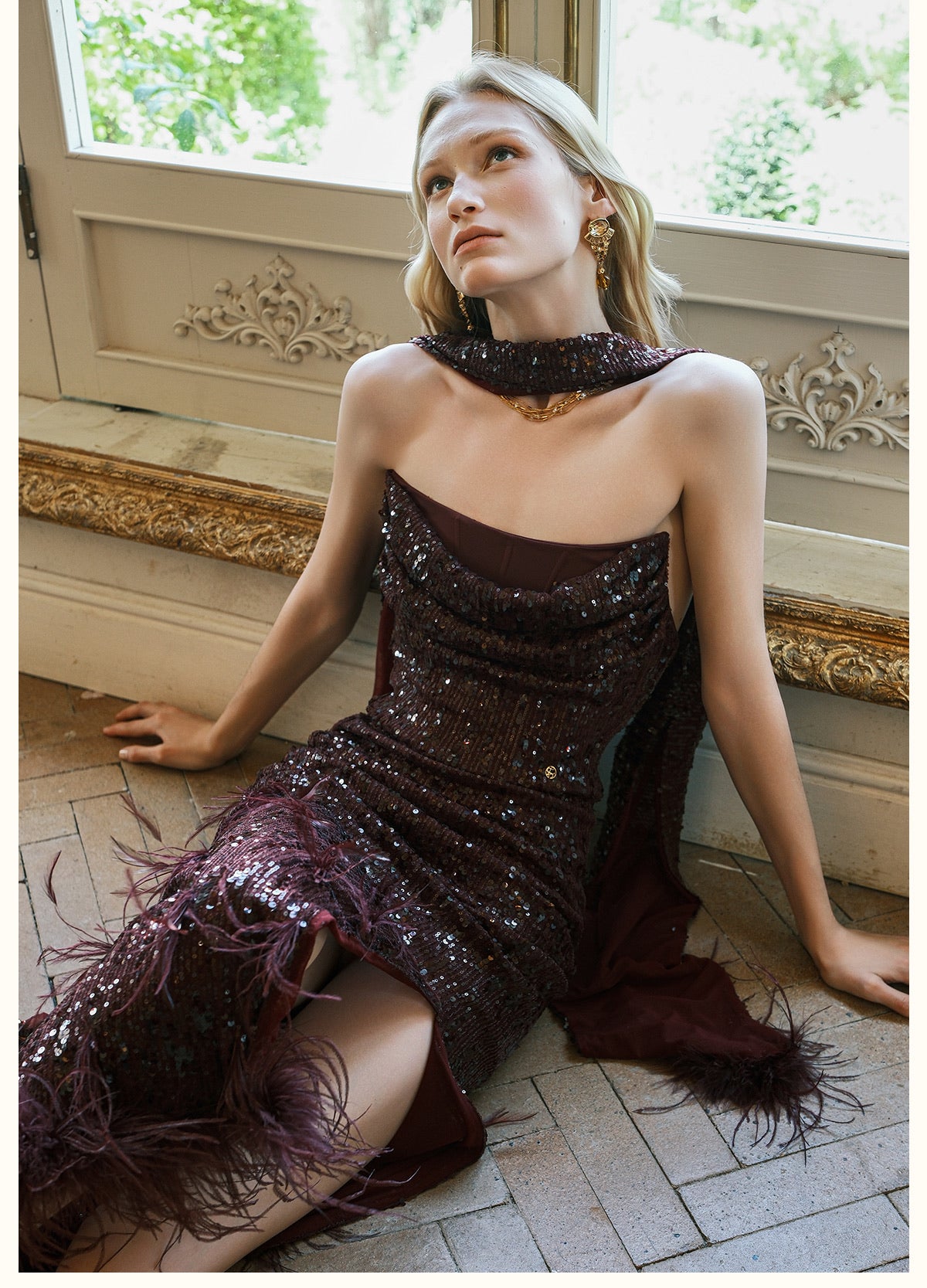 SHEERLUCK White Diamond Sequin Fringe Scarf Strapless Maxi Dress