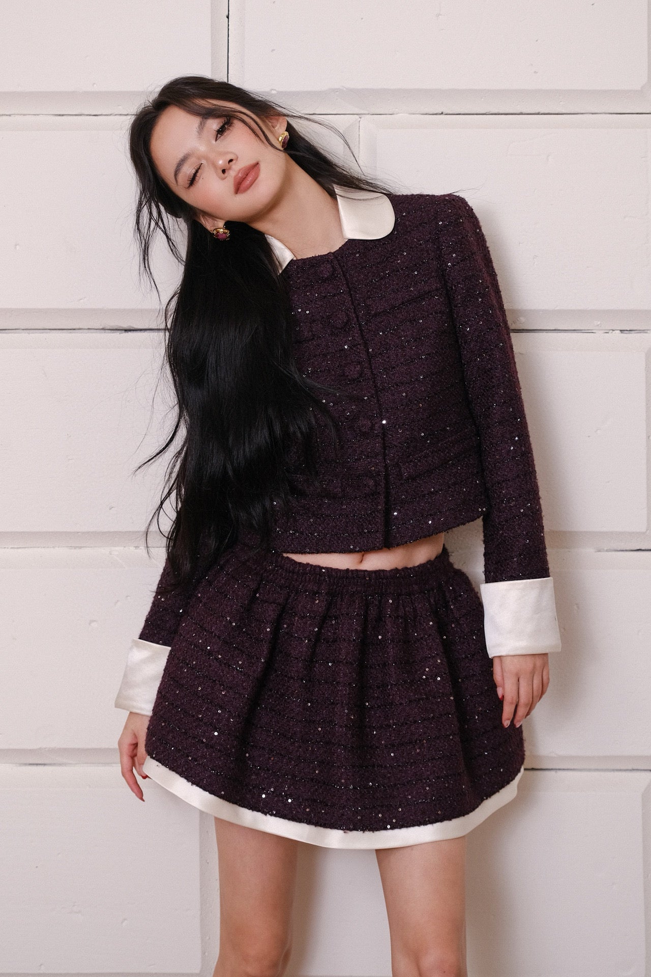 Maison Wester Brown Purple Tweed Jacket Mini Skirt