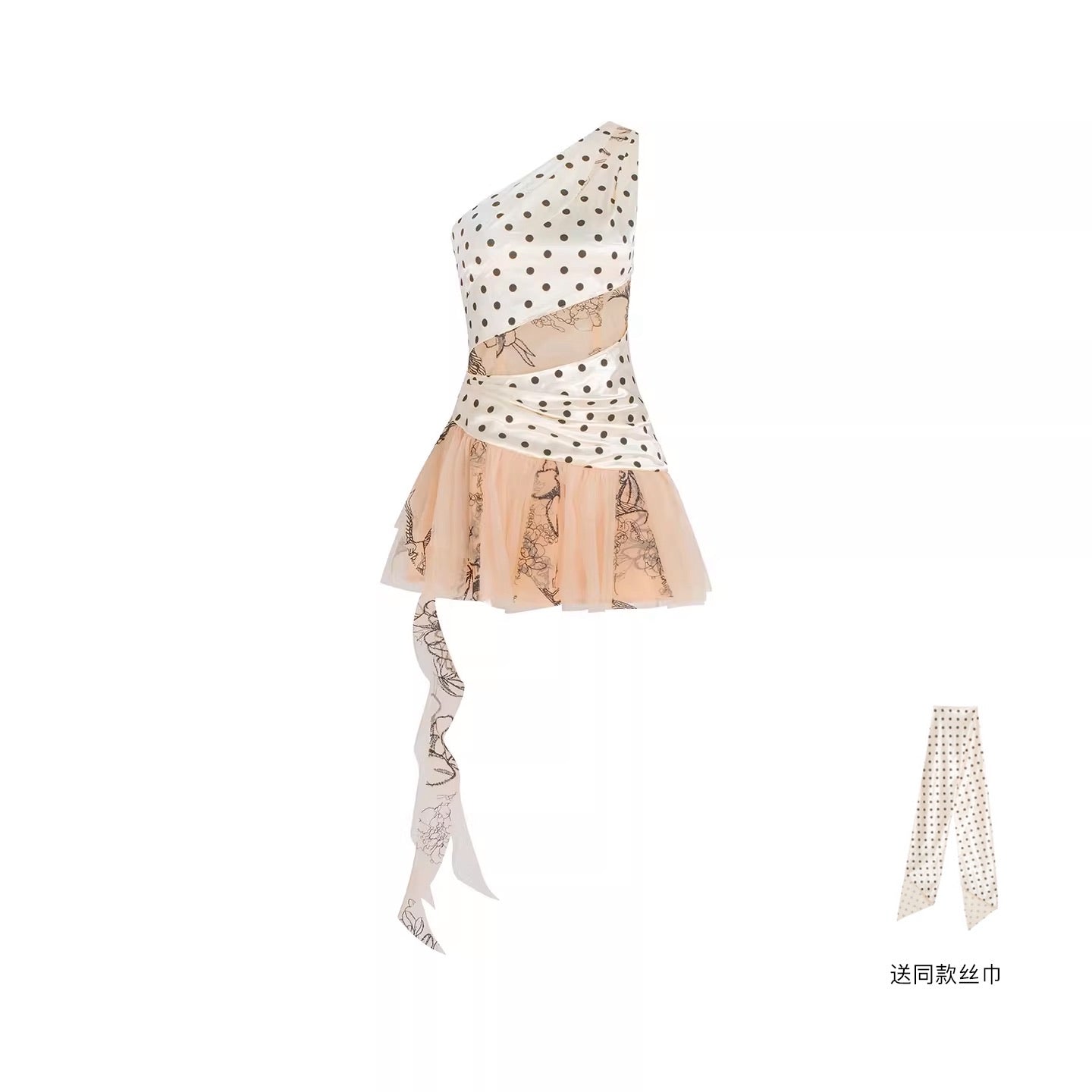 MIMI PLANGE Vacation Sweet White Polka Dot Sketch Patchwork Asymmetric Deconstructed Mini Dress