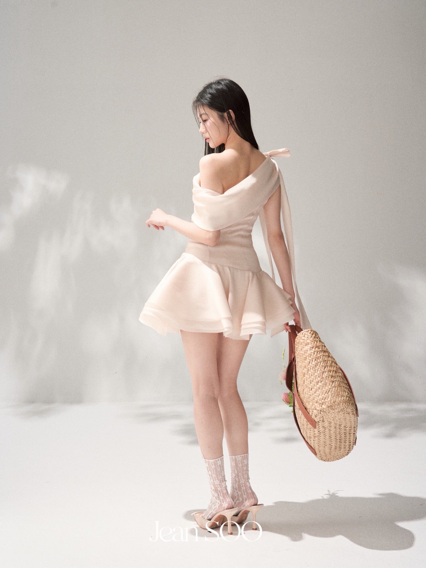 JEAN SOO Sweet Vacation Pink Satin Slopeing Shoulder Mini Dress