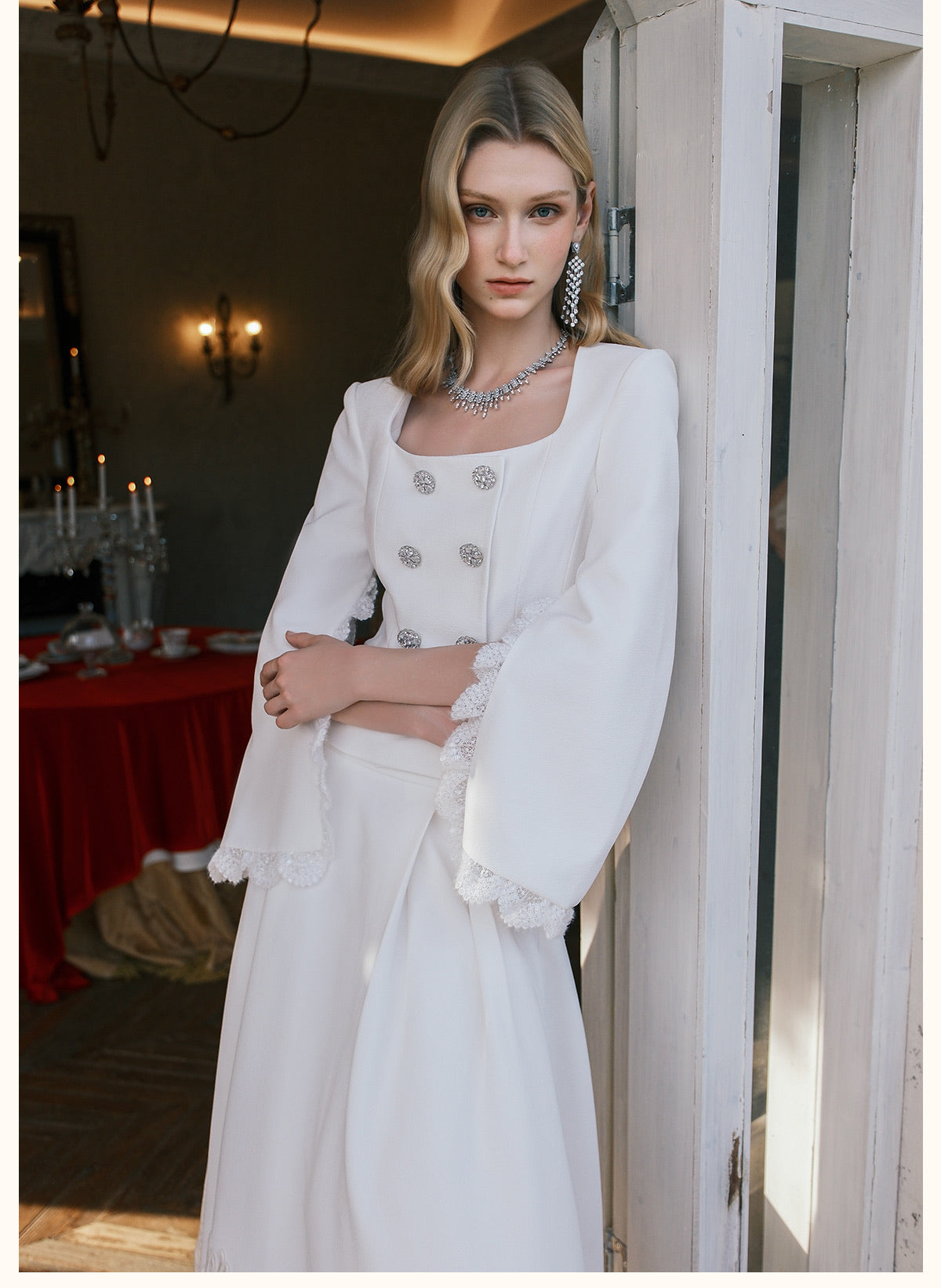 SHEERLUCK Black Mirage Vintage Stand Collar Lace & Diamond-embellished Jacket & Skirt