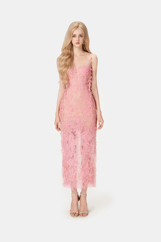 MONTSAND Pink Beaded Lace Pencil Dress