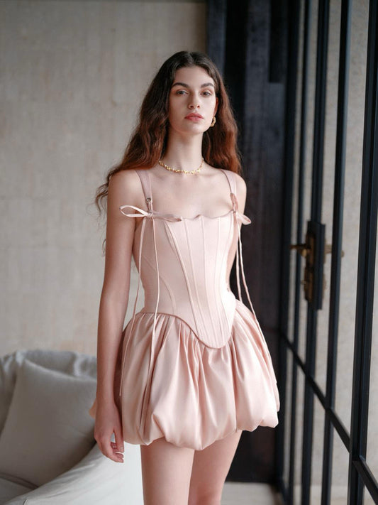 SHEERLUCK Pink& White Amari Fishbone Mini Dress