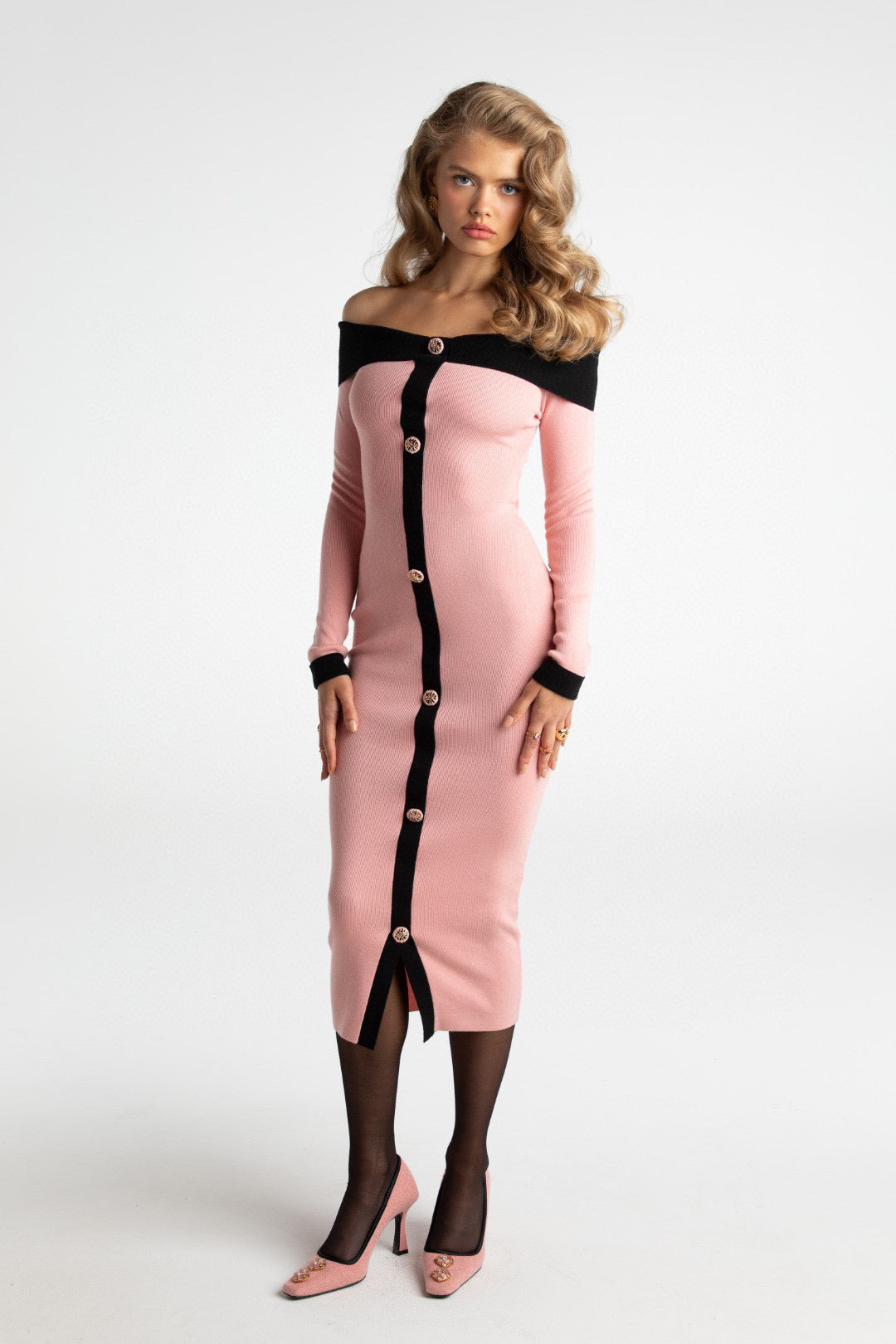 Nana Jacqueline pink Off-the-shoulder knitted midi dress