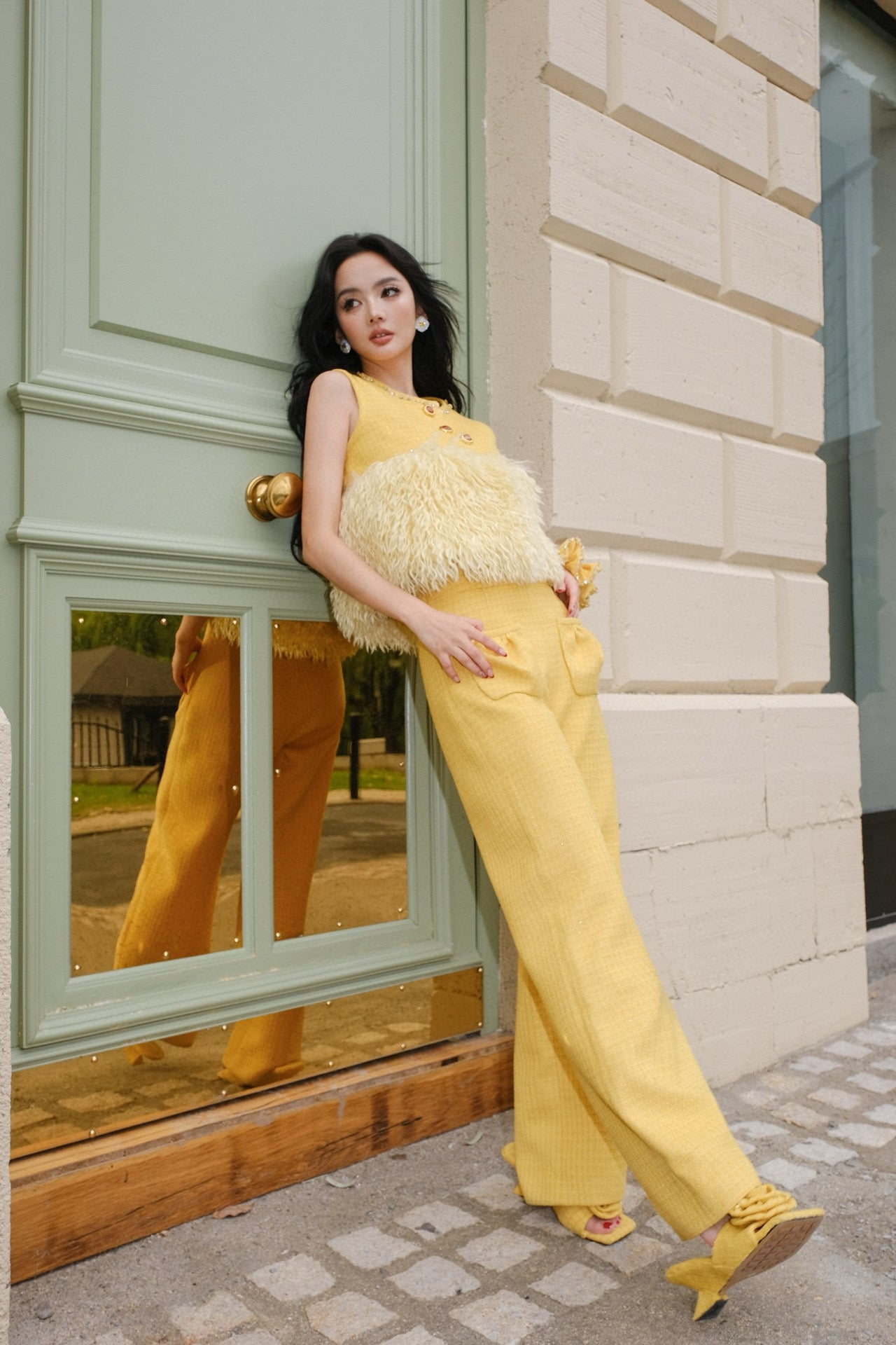 Maison Wester Yellow Tweed Feather Top Trousers