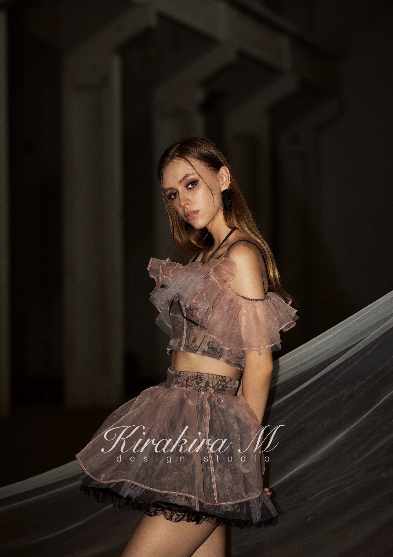 kirakira M Brown Nude 2 Wear Tulle Strappy Top Pom Pom Halter Skirt 2 Piece Suit