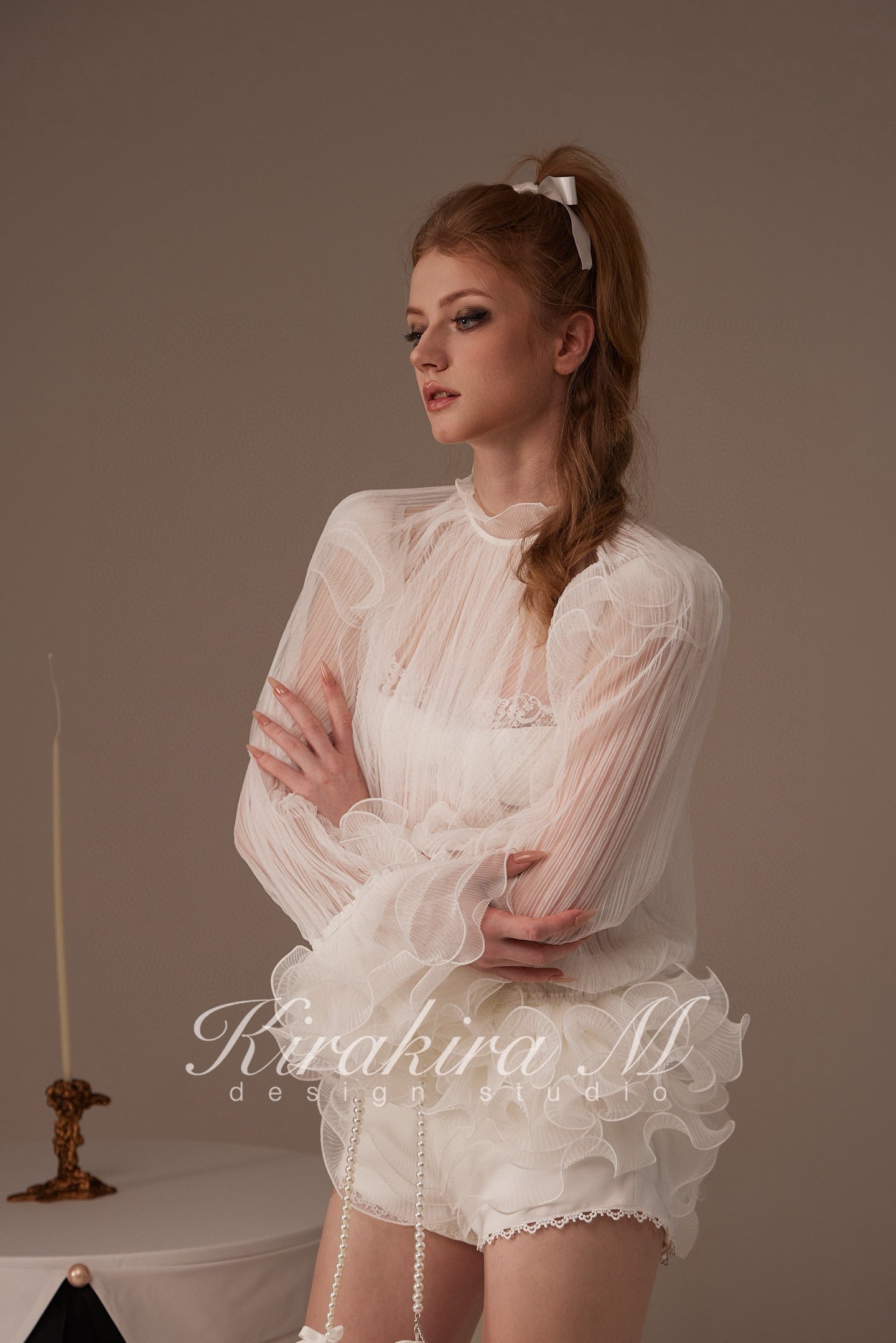 Kirakira M White Lace Blouse & Lace Low Rise Pants