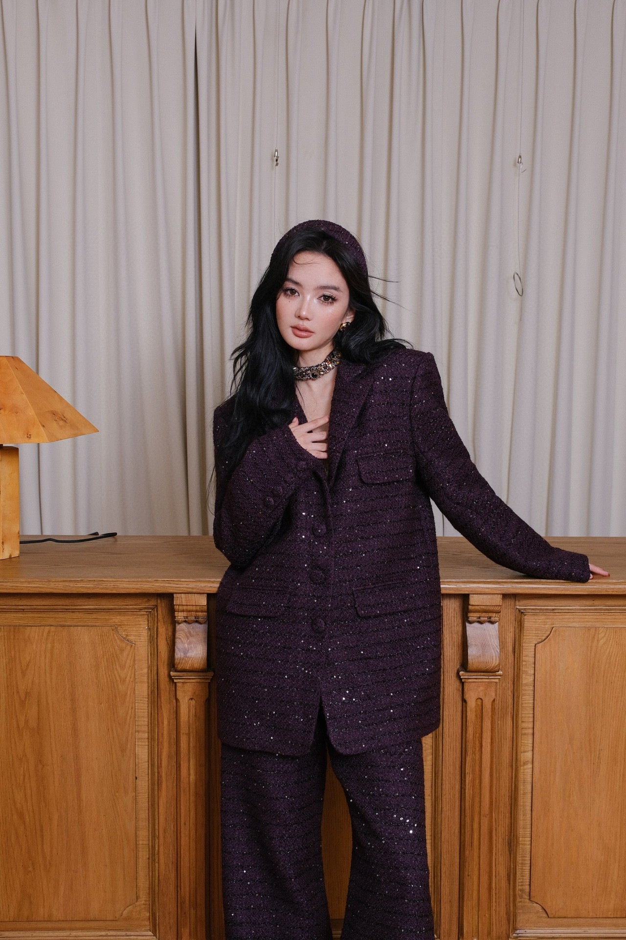 Maison Wester Purple Brown Sequined Chambray Jacket Pants