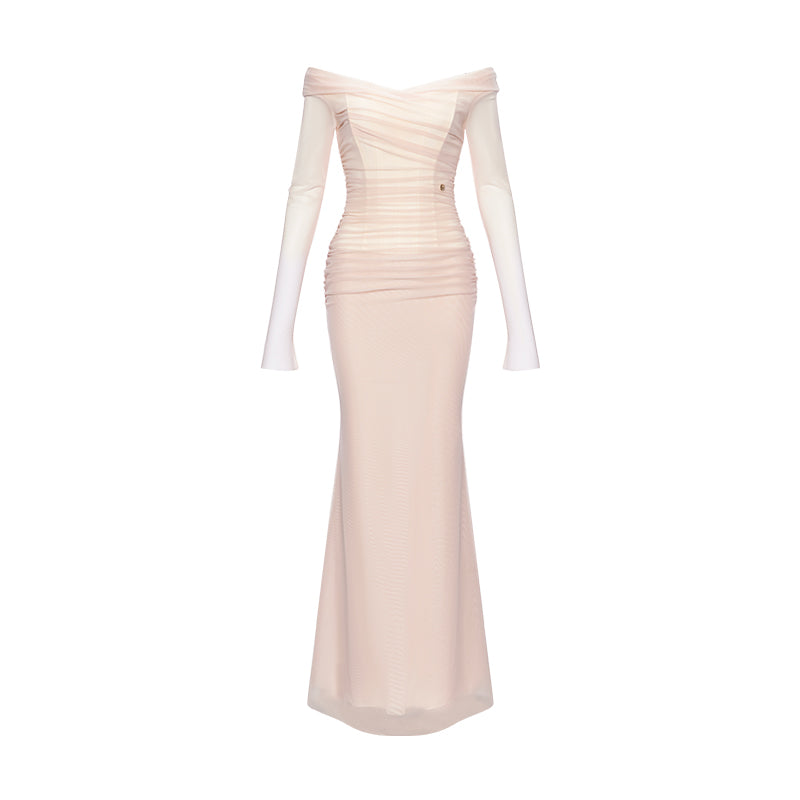SHEERLUCK Pink & Nde & Brown Fishbone maxi dress