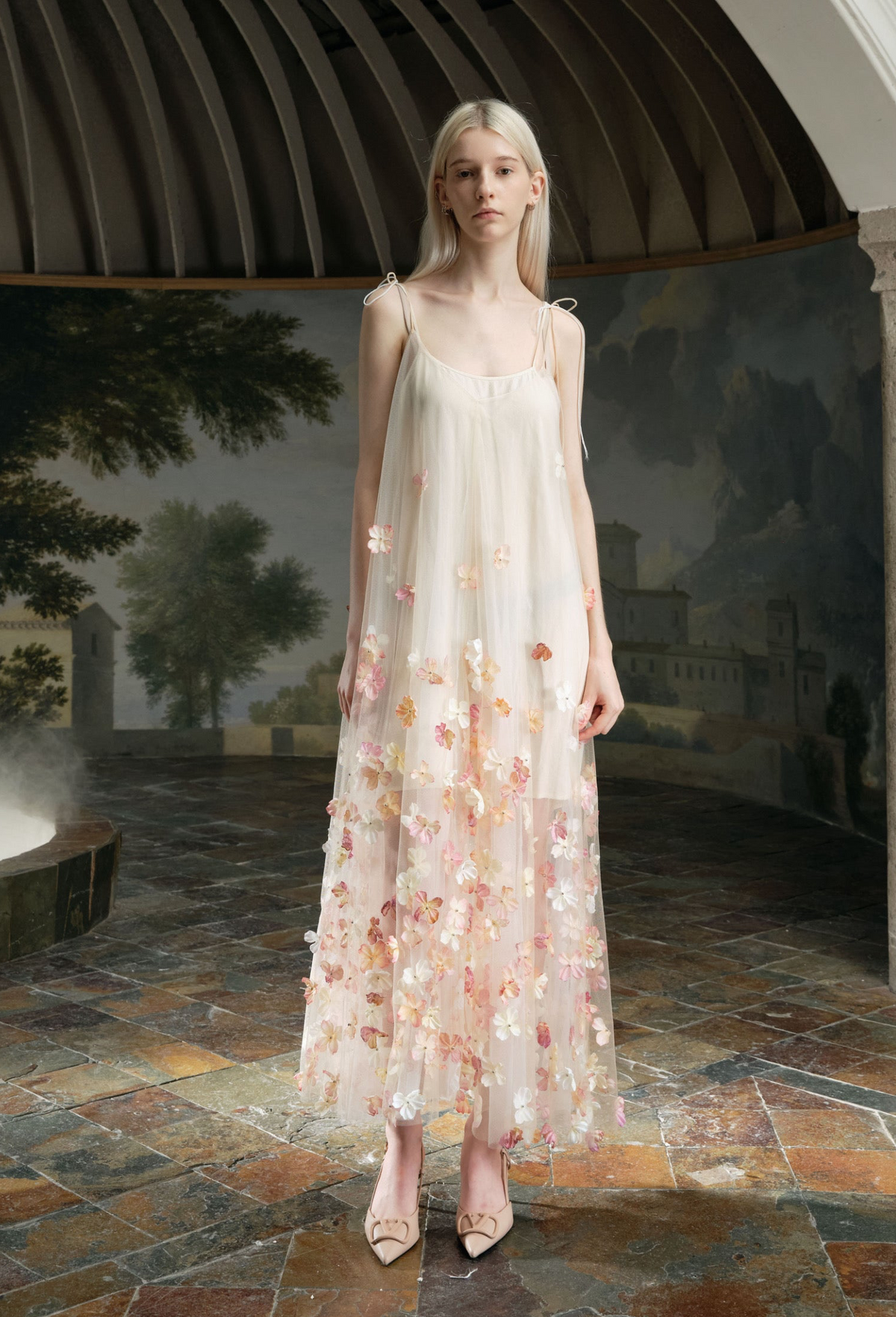 Cream 3D Floral Thin Tie Strap Tulle A‑Line Midi Dress