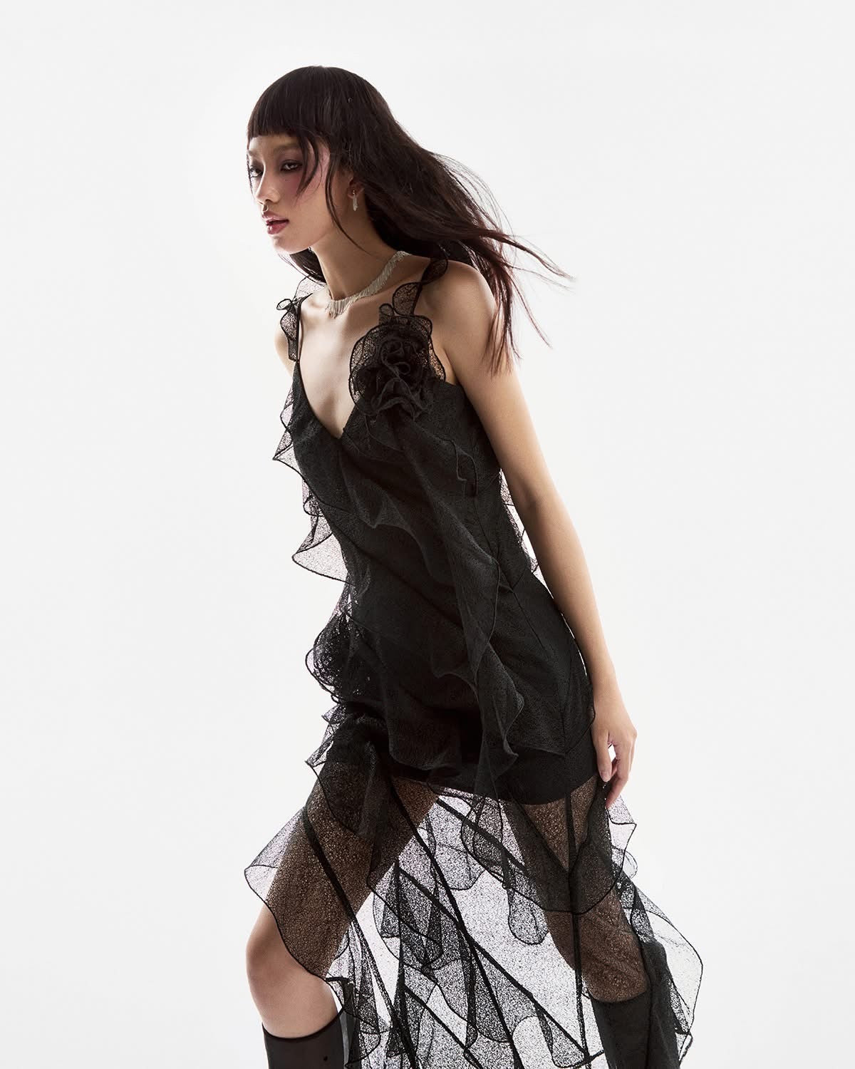 Musthave Black Ruffle Lace Midi Dress