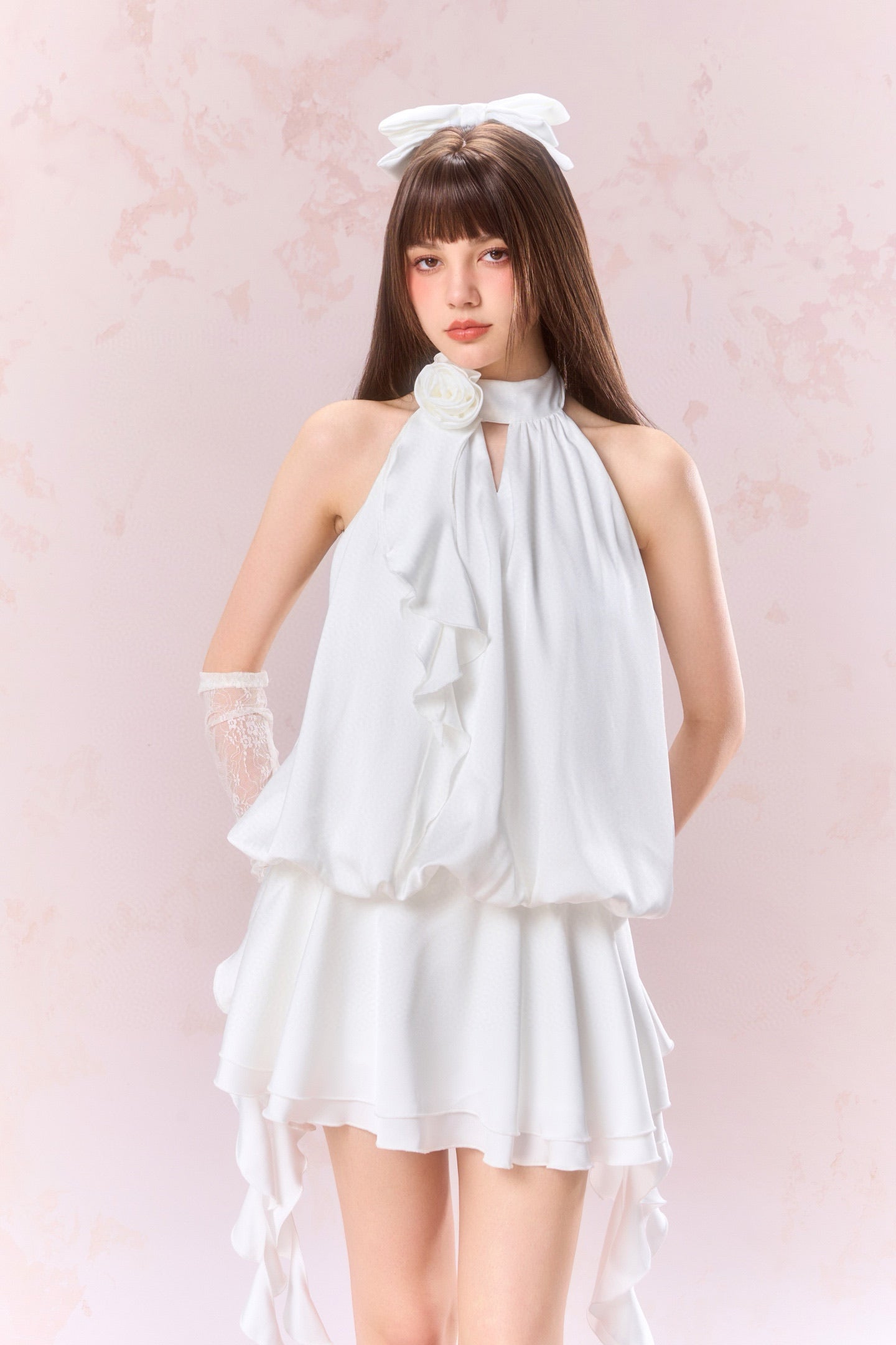 JEAN SOO White Rose Backless Satin Mini Dress