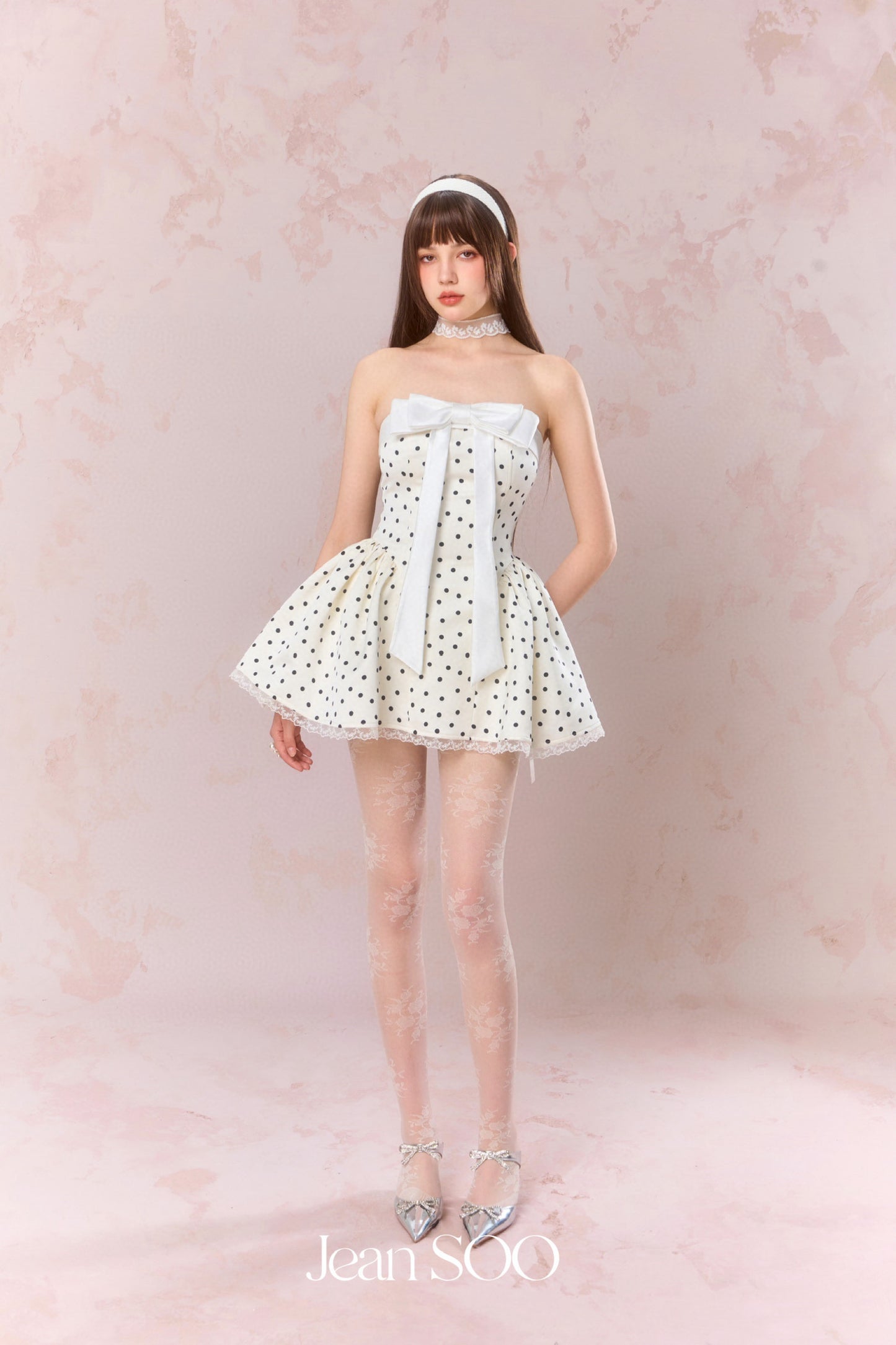 JEAN SOO White Polka Dot Puff Mini Dress