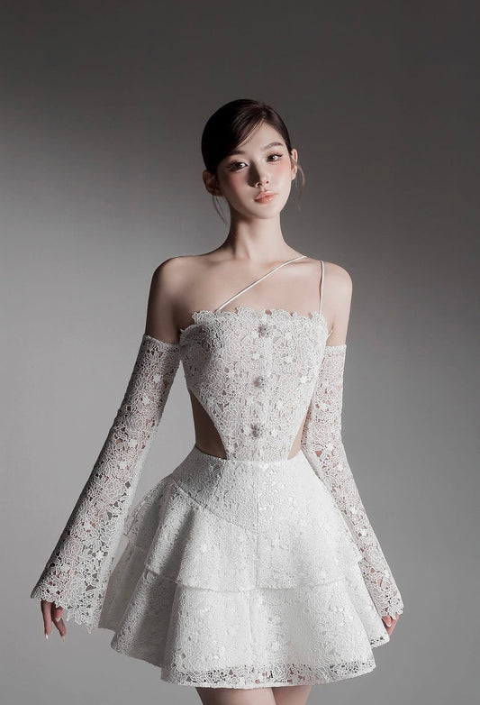 Raffiné White Verni Cut-out Layered Lace Mini Dress