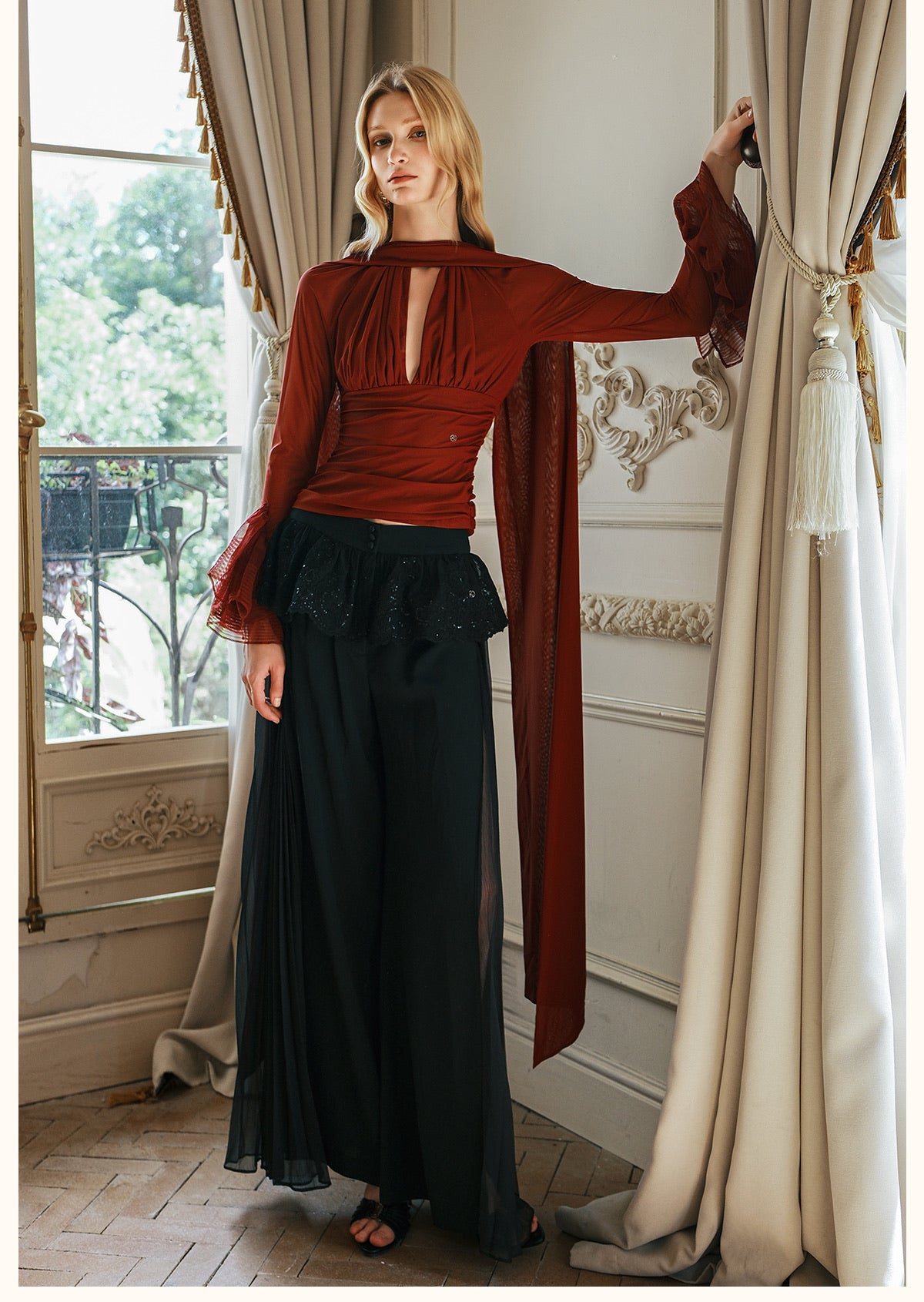 SHEERLUCK Black Nina Halterneck V-neck Ribbon Top