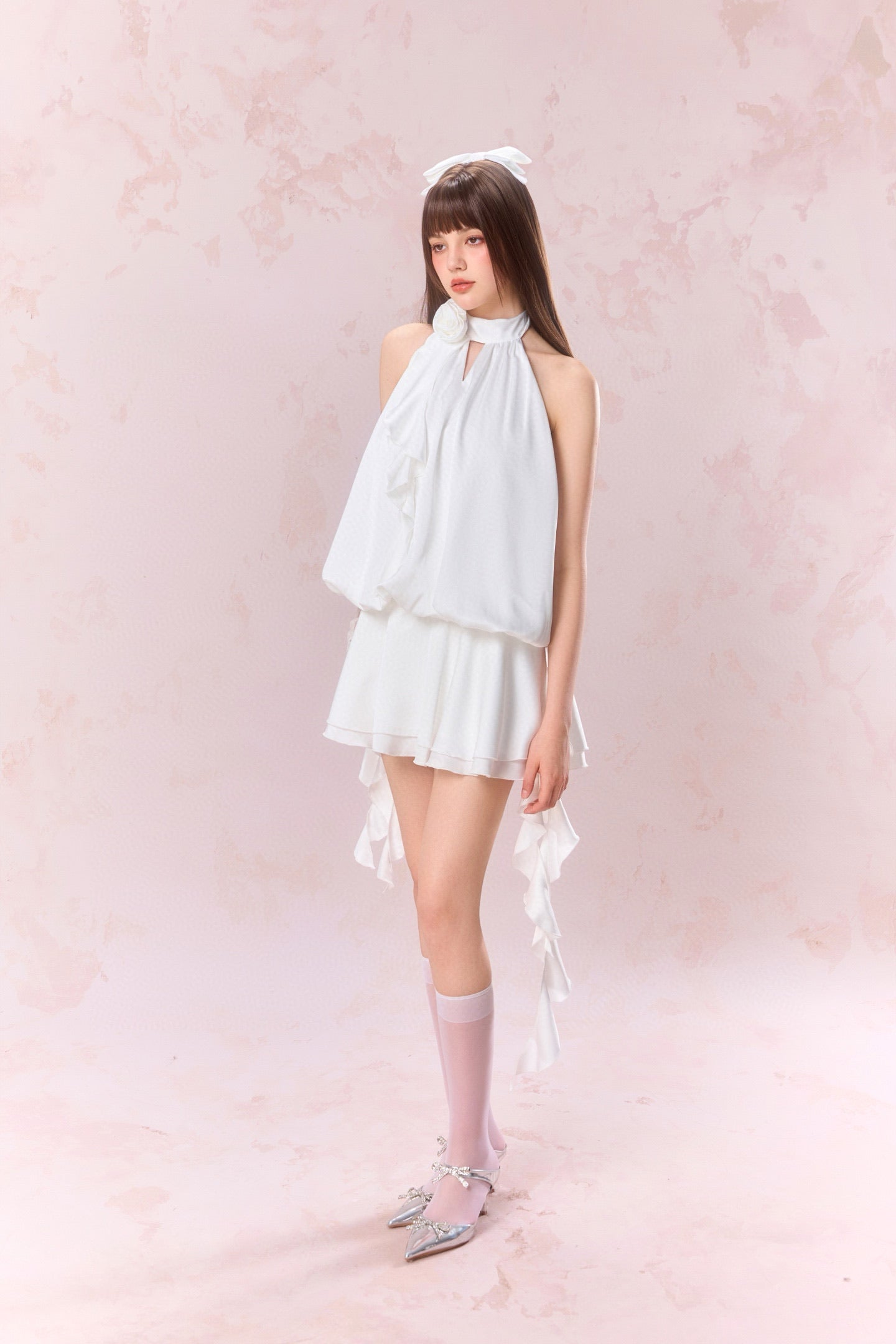 JEAN SOO White Rose Backless Satin Mini Dress