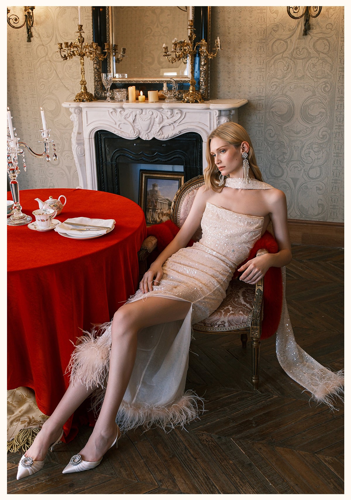 SHEERLUCK White Diamond Sequin Fringe Scarf Strapless Maxi Dress