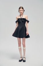Black Bow Halter Off-Shoulder Waisted Mini Dress