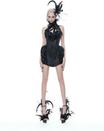 Black Feather Strapless Corset Swanilda Mini Dress with Feather Choker