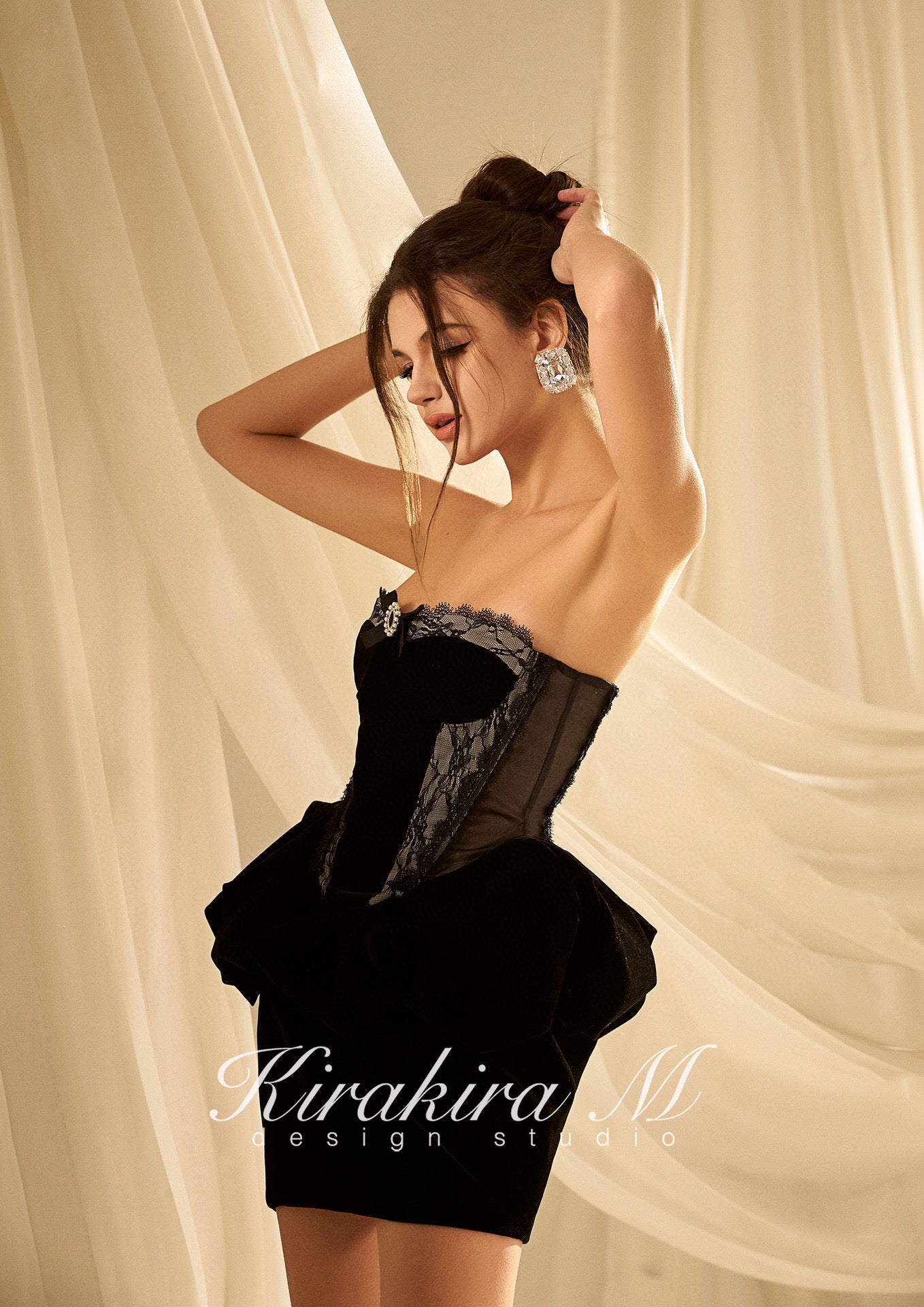 KIRAKIRA M Black velvet strapless mini dress with laced detail