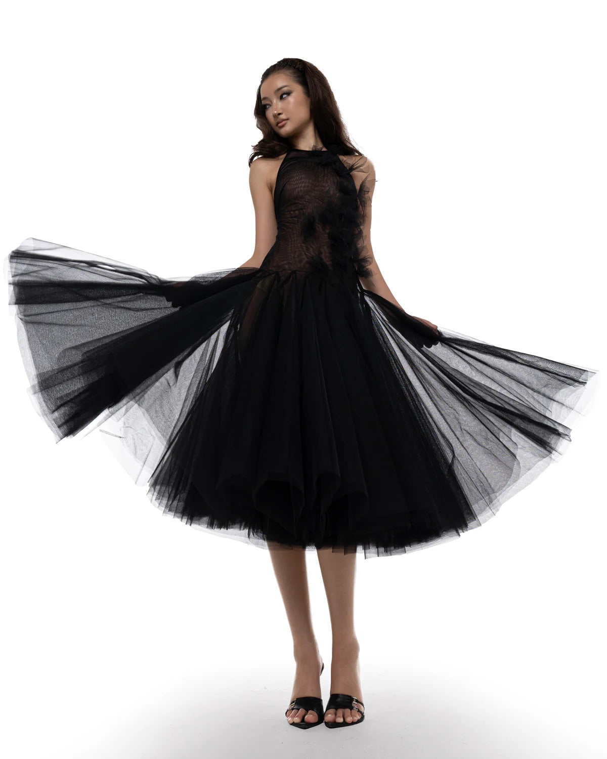 HUELLEY ROSE Black Fae Midi Dress