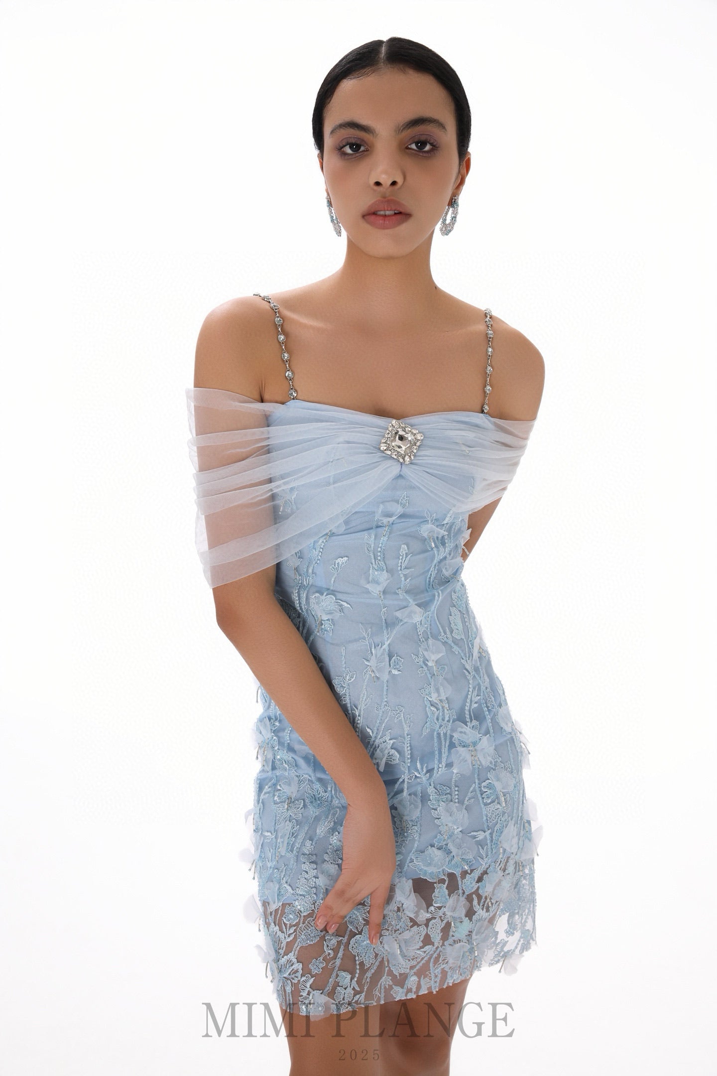 MIMI PLANGE Blue Lace One- shoulder Mini Dress