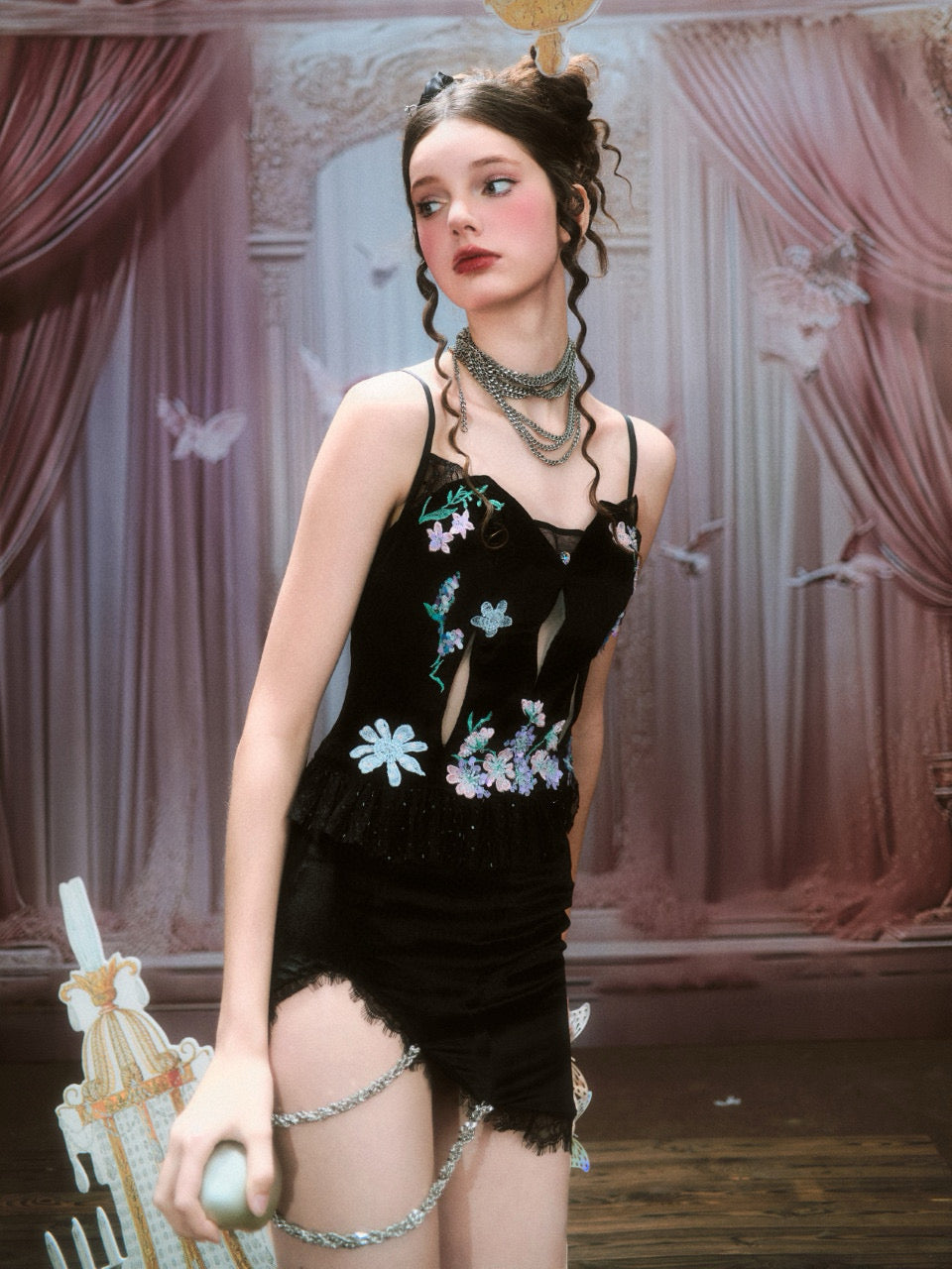 Chengchengling Black Lace Top and Mini skirt