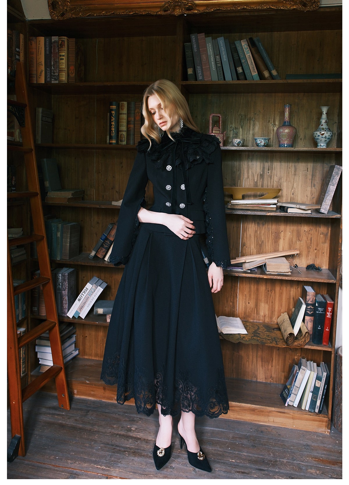 SHEERLUCK Black Mirage Vintage Stand Collar Lace & Diamond-embellished Jacket & Skirt