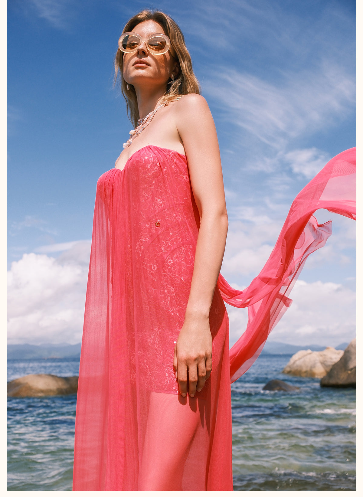 SHEERLUCK BRIGHT PINK MAXI VACATION DRESS