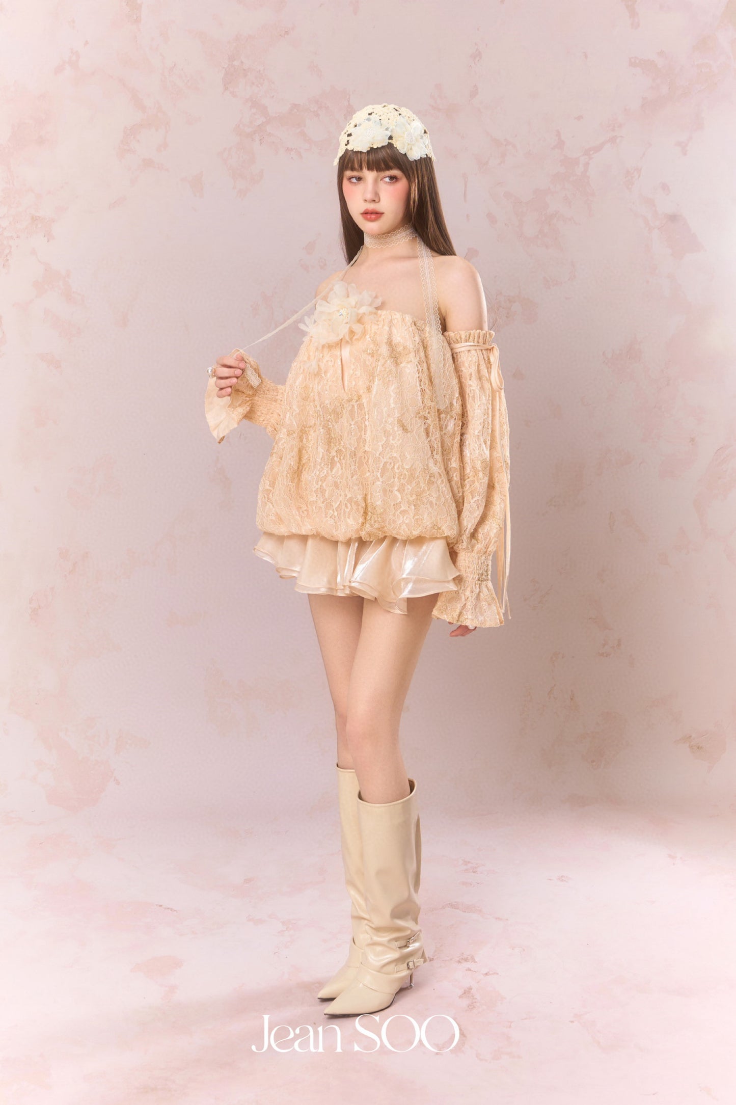 JEAN SOO Nude Lace One Shoulder Mini Dress