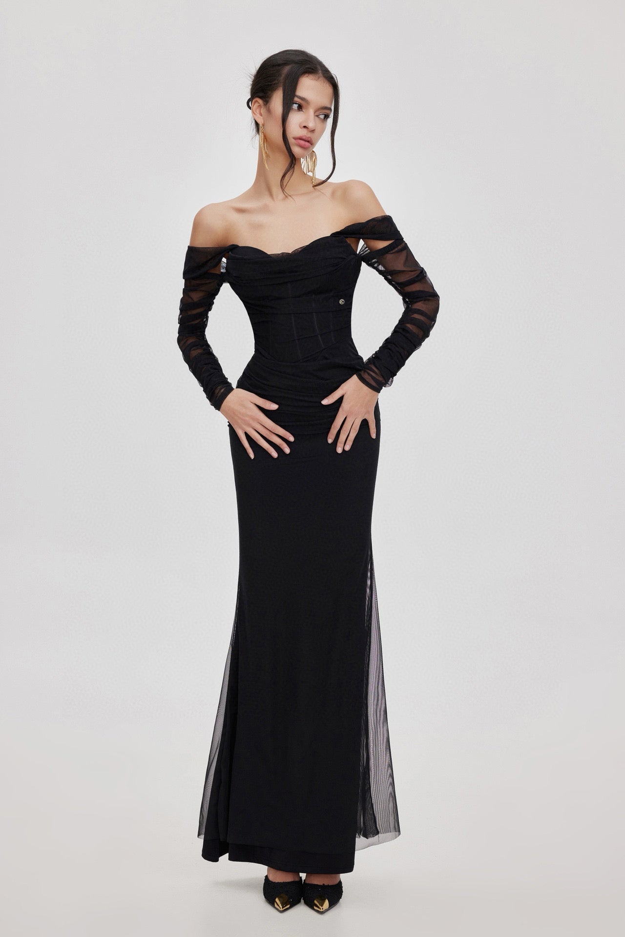 SHEERLUCK Nude & Black Fishtail maxi dress