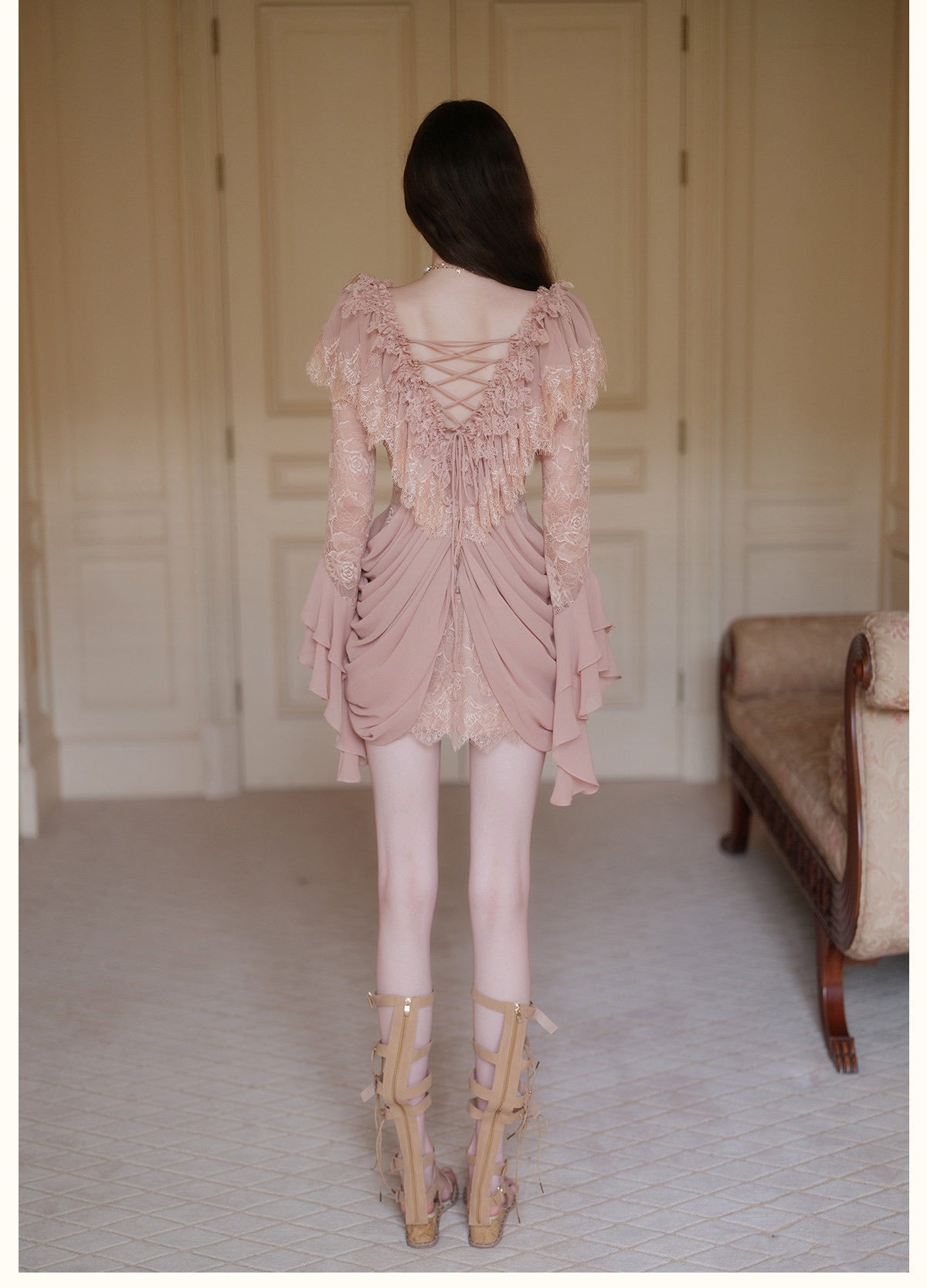 Cream V-Neck Lace Ruffle Long-Sleeve Mini Dress