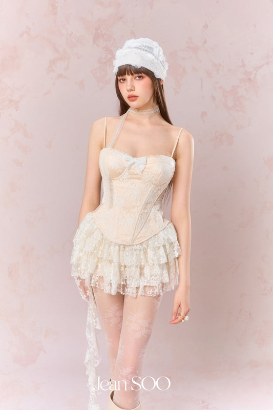 JEAN SOO Cream Lace Fishbone Top & Cake Mini Skirt