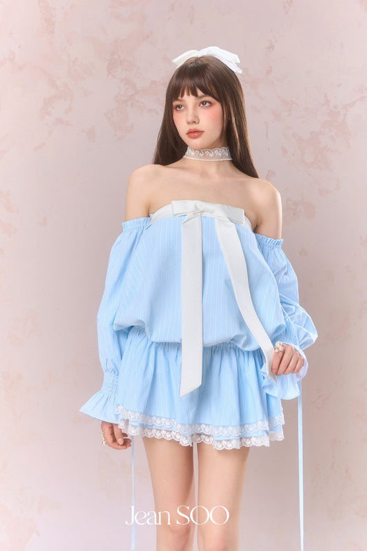 JEAN SOO Blue Studded Diamonds Strapless Low Waist Shirt Mini Dress