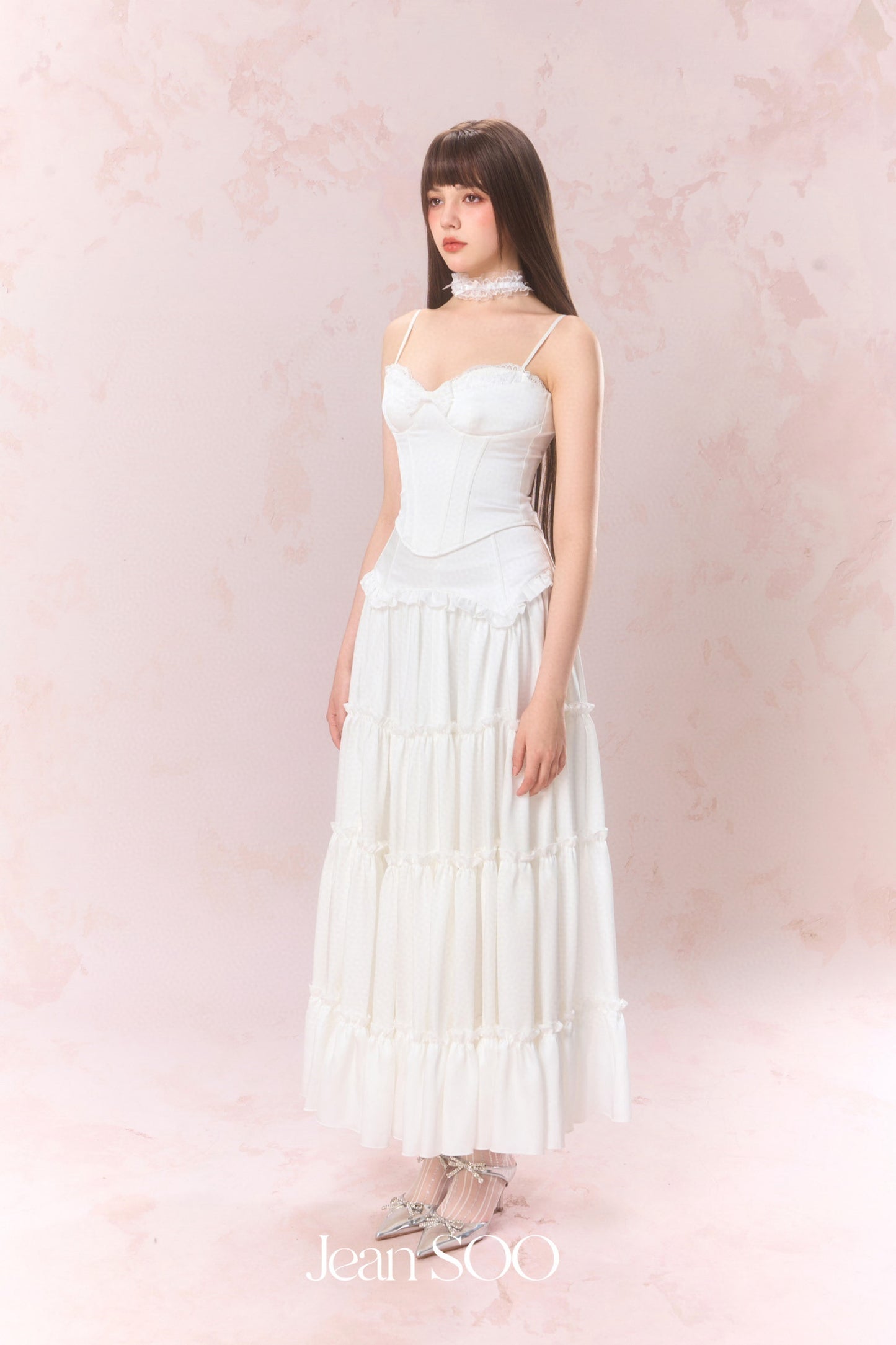 JEAN SOO White Lace Satin Fishbone Top & Split Skirt