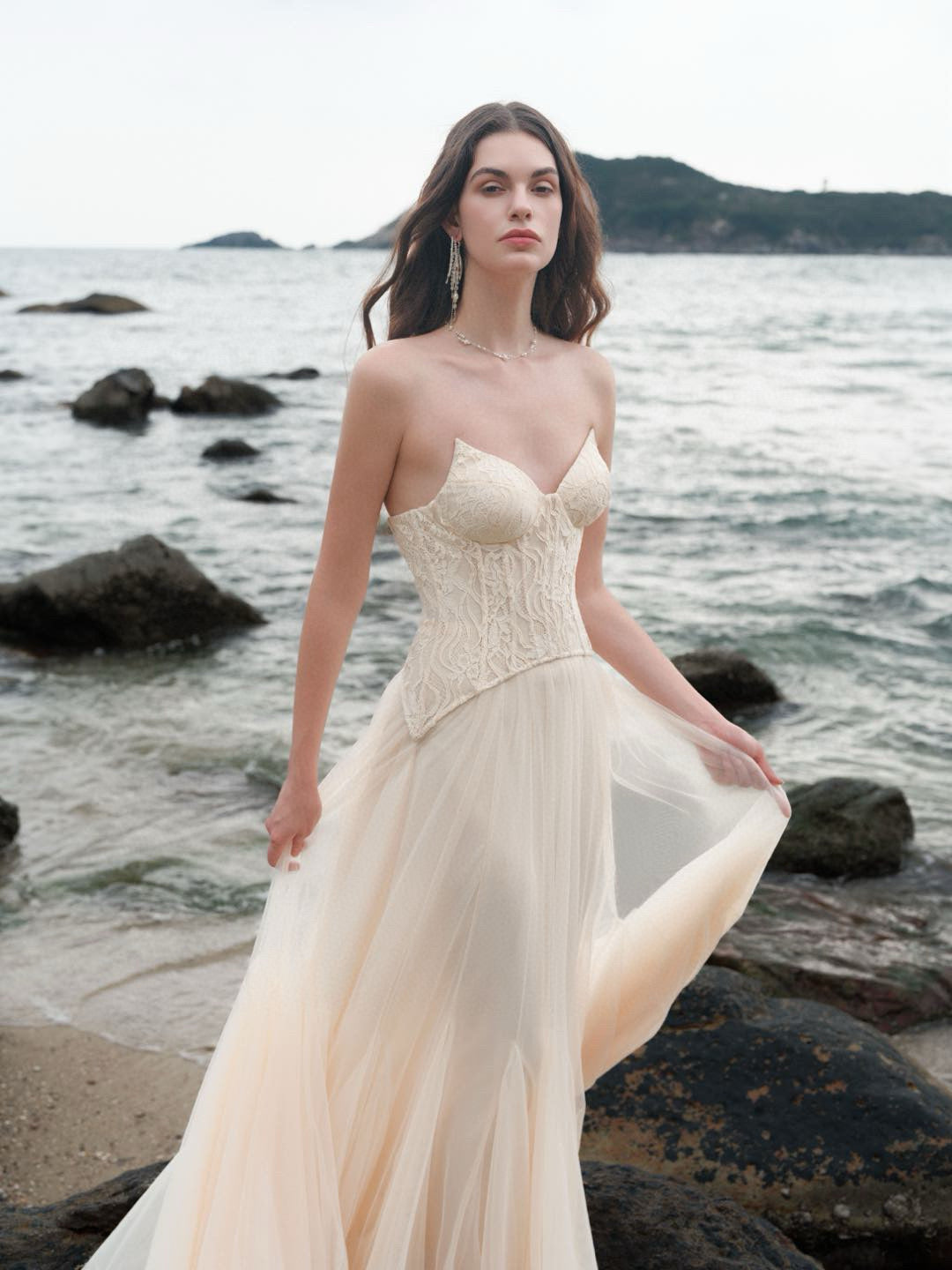 SHEERLUCK White& Pink Wave Lace Fishbone Maxi Dress