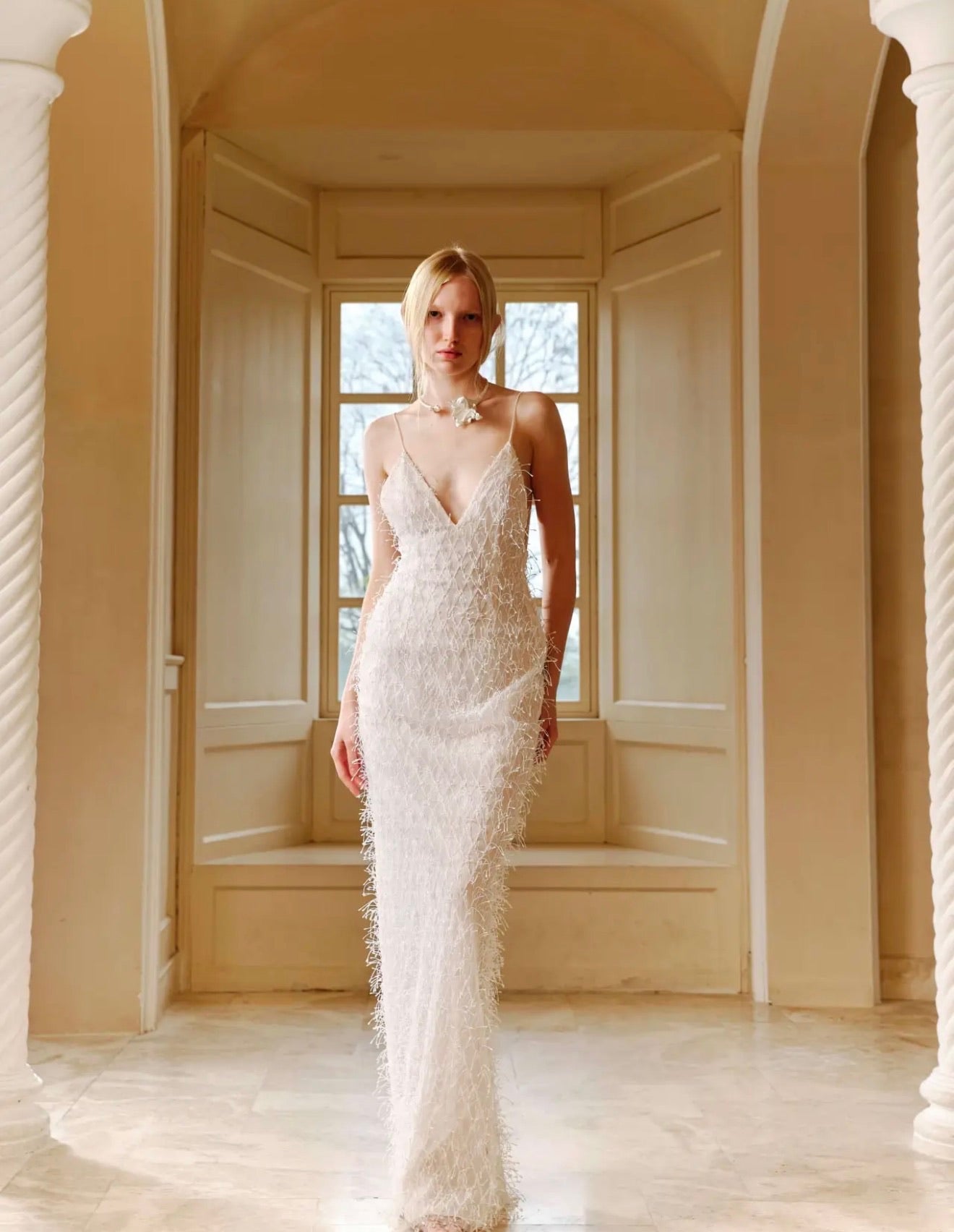 White Thin Strap Feather‑Texture V‑Neck Bodycon Maxi Dress
